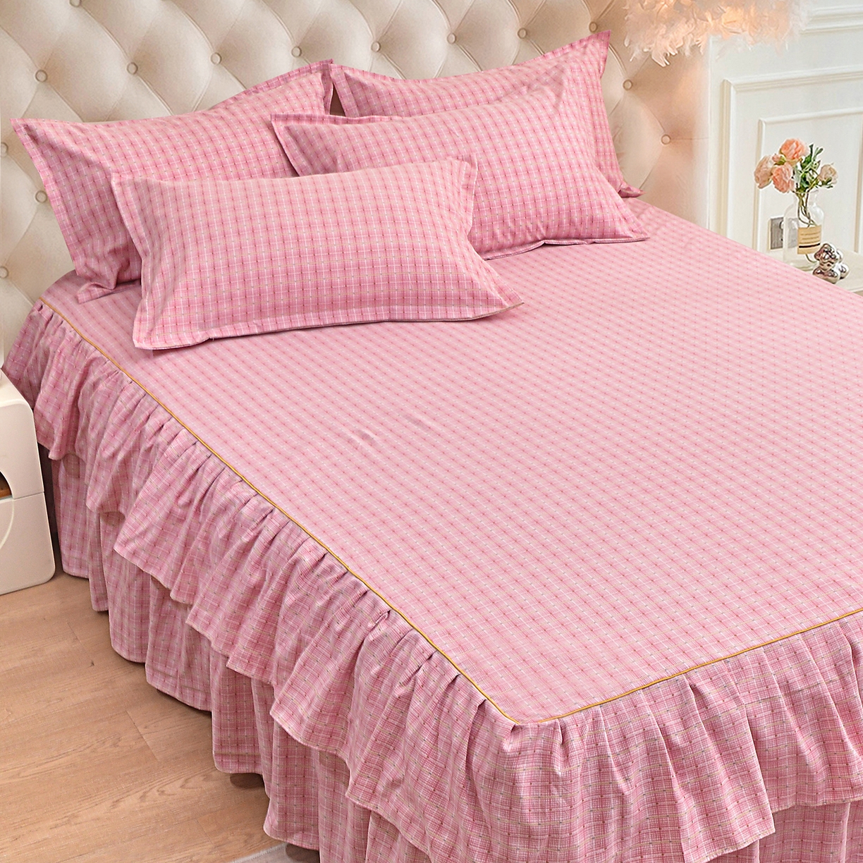 91家纺网 家纺一手货源 找家纺 小雨家纺 2026新款云锦棉韩版印花单床裙系列 阿波罗（樱花粉）