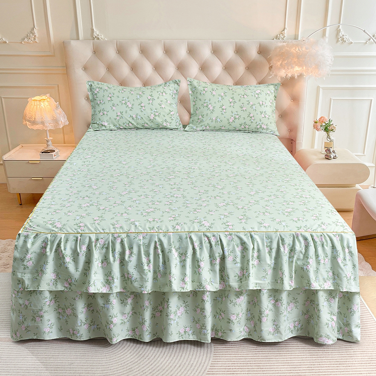 91家纺网 家纺一手货源 找家纺 小雨家纺 2026新款云锦棉韩版印花单床裙系列 绿野仙踪9019山野绿