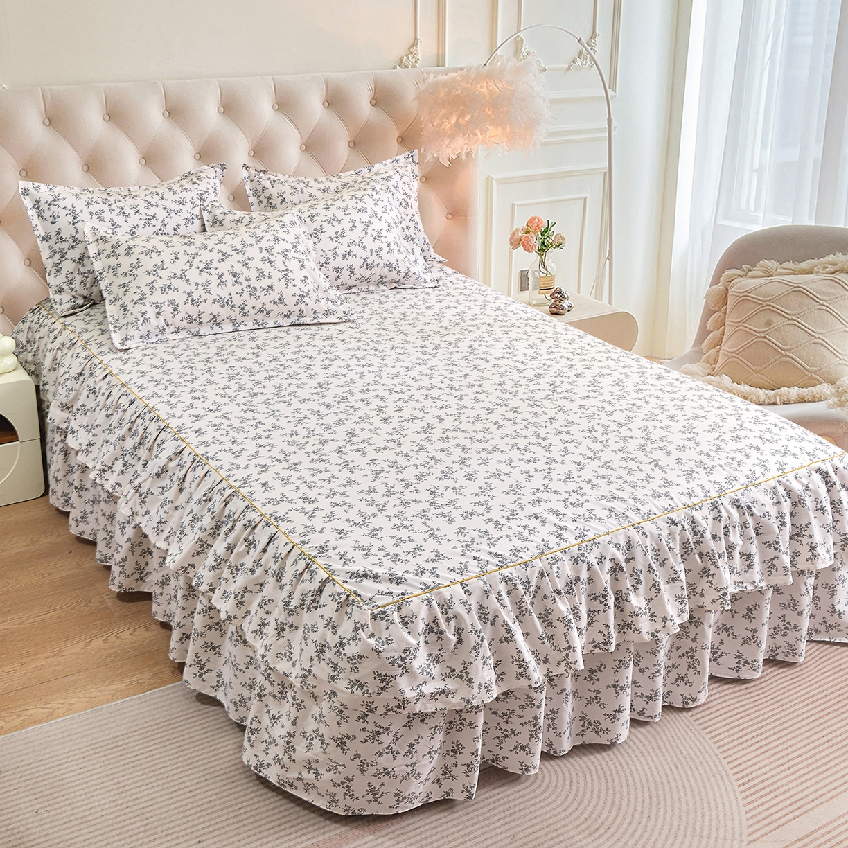 91家纺网 家纺一手货源 找家纺 小雨家纺 2026新款云锦棉韩版印花单床裙系列 成瑾9014（星河灰）