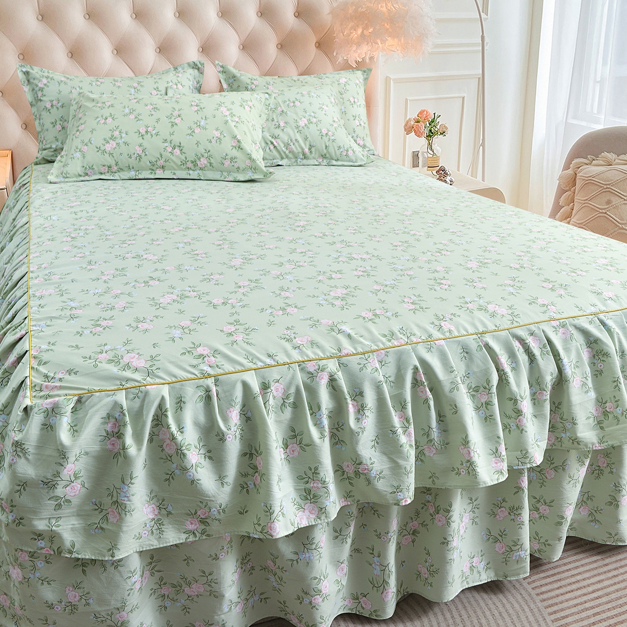 91家纺网 家纺一手货源 找家纺 小雨家纺 2026新款云锦棉韩版印花单床裙系列 绿野仙踪9019山野绿