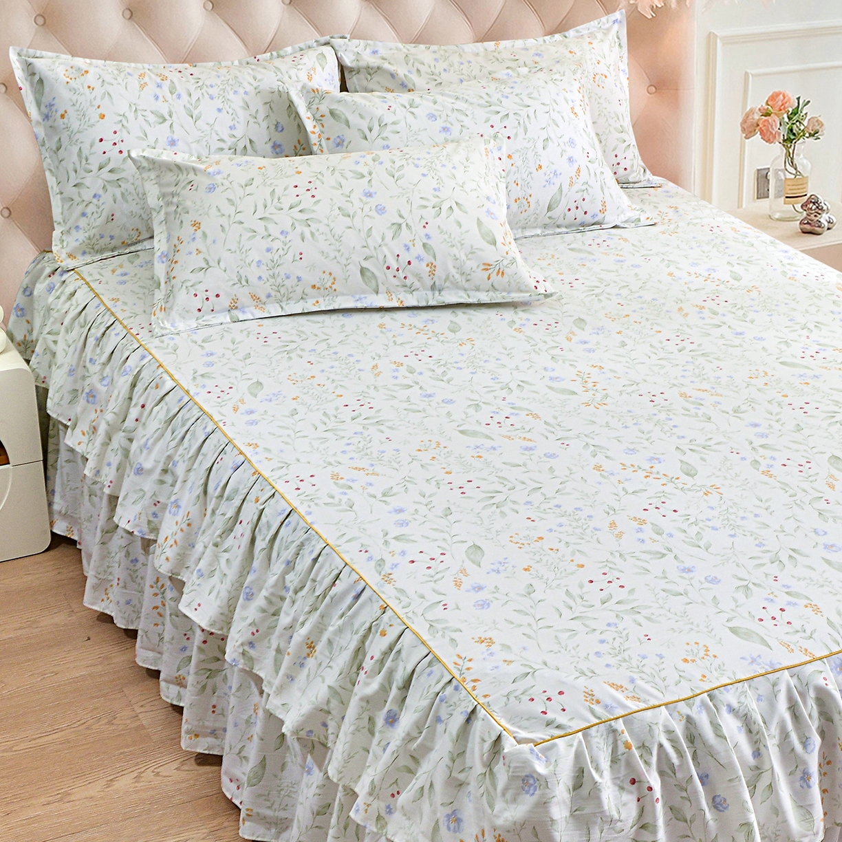 91家纺网 家纺一手货源 找家纺 小雨家纺 2026新款云锦棉韩版印花单床裙系列 云望舒9053（山野绿）