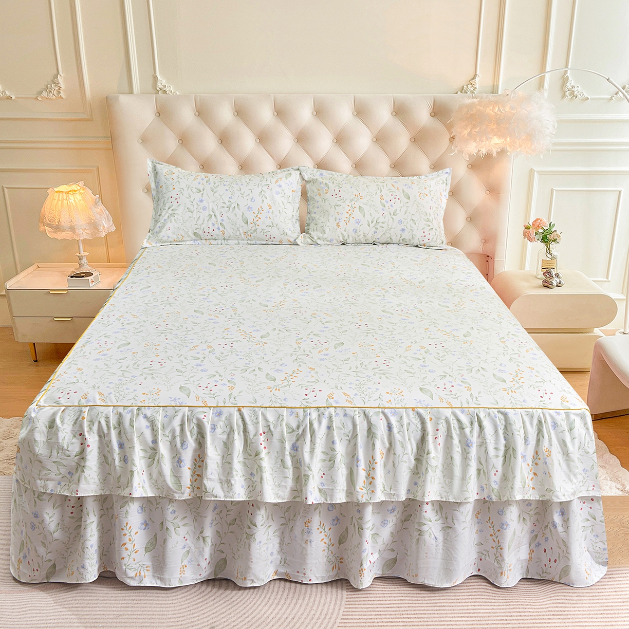 91家纺网 家纺一手货源 找家纺 小雨家纺 2026新款云锦棉韩版印花单床裙系列 云望舒9053（山野绿）