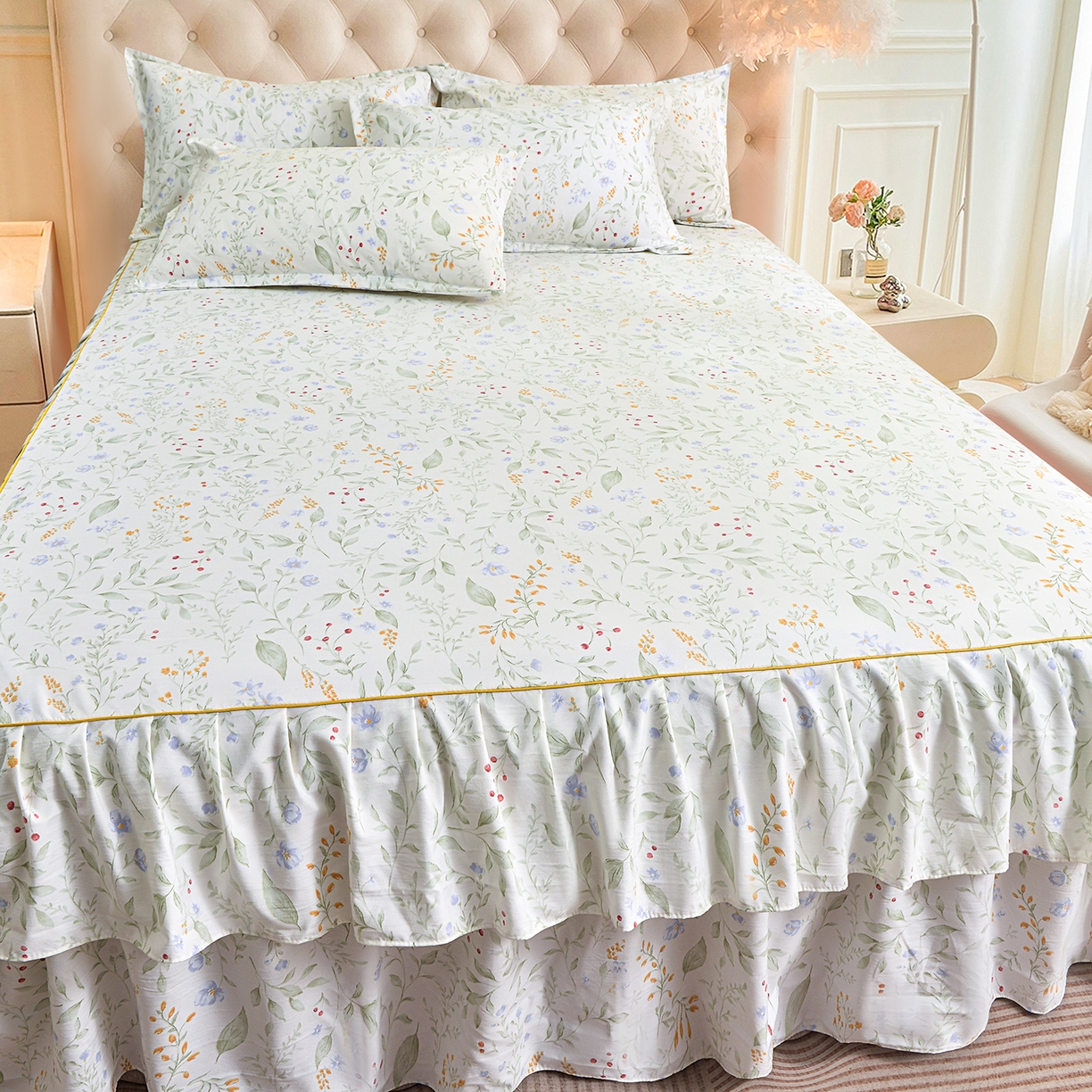 91家纺网 家纺一手货源 找家纺 小雨家纺 2026新款云锦棉韩版印花单床裙系列 云望舒9053（山野绿）