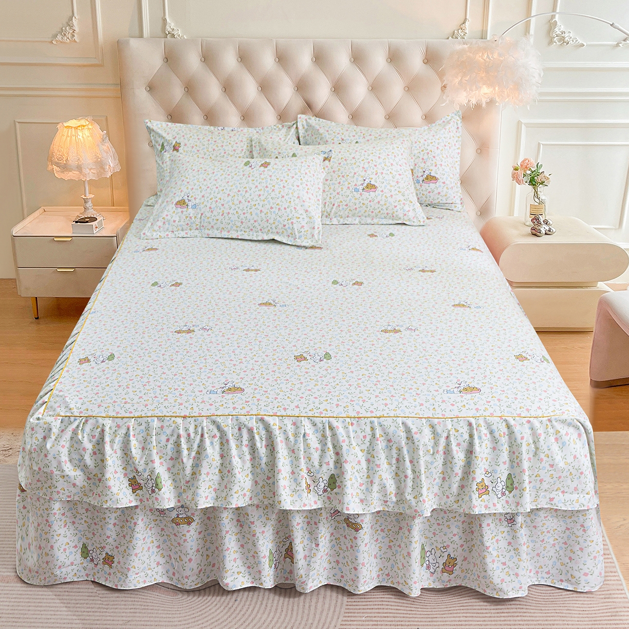 91家纺网 家纺一手货源 找家纺 小雨家纺 2026新款云锦棉韩版印花单床裙系列 爱乐园9003苹果绿