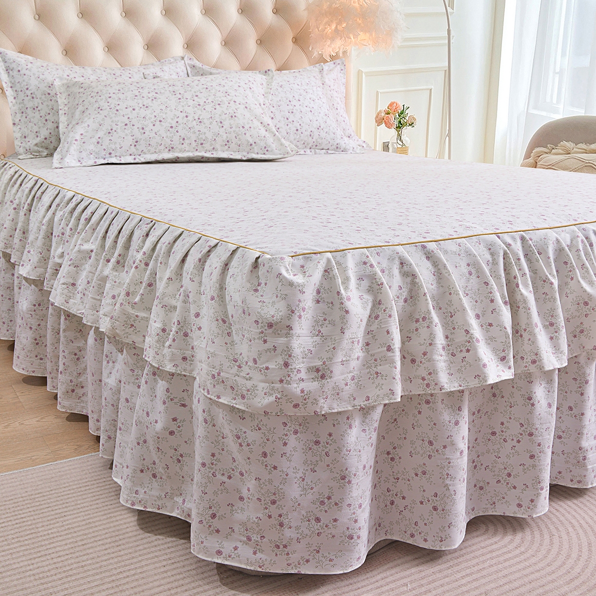 91家纺网 家纺一手货源 找家纺 小雨家纺 2026新款云锦棉韩版印花单床裙系列 花盎然9018雪青