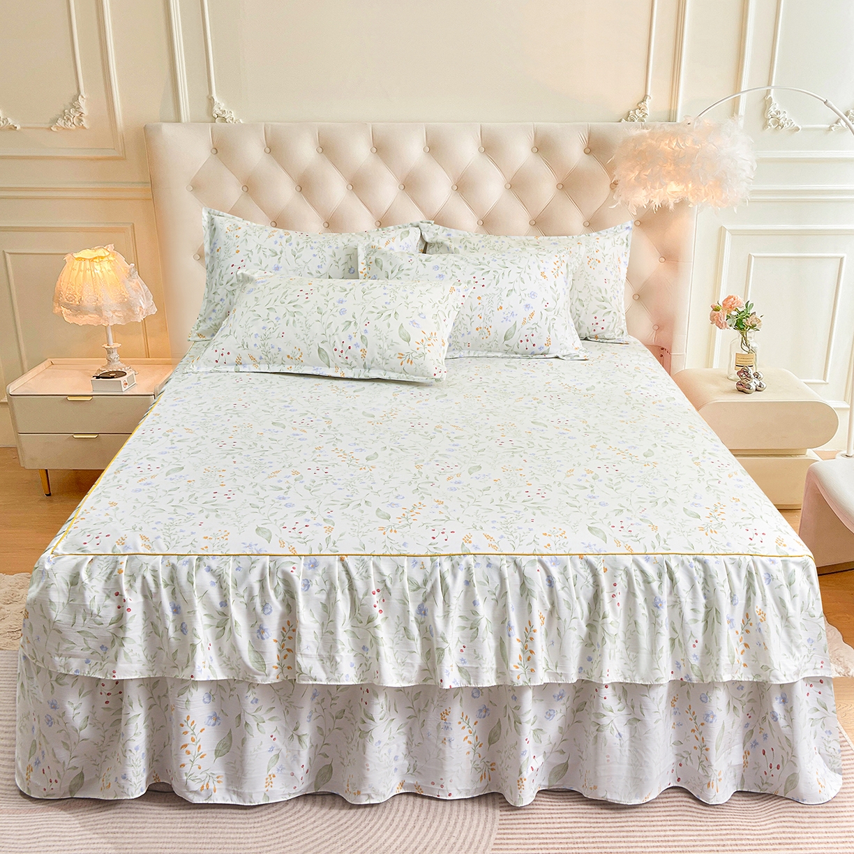 小雨家纺 2026新款云锦棉韩版印花单床裙系列 云望舒9053（山野绿）