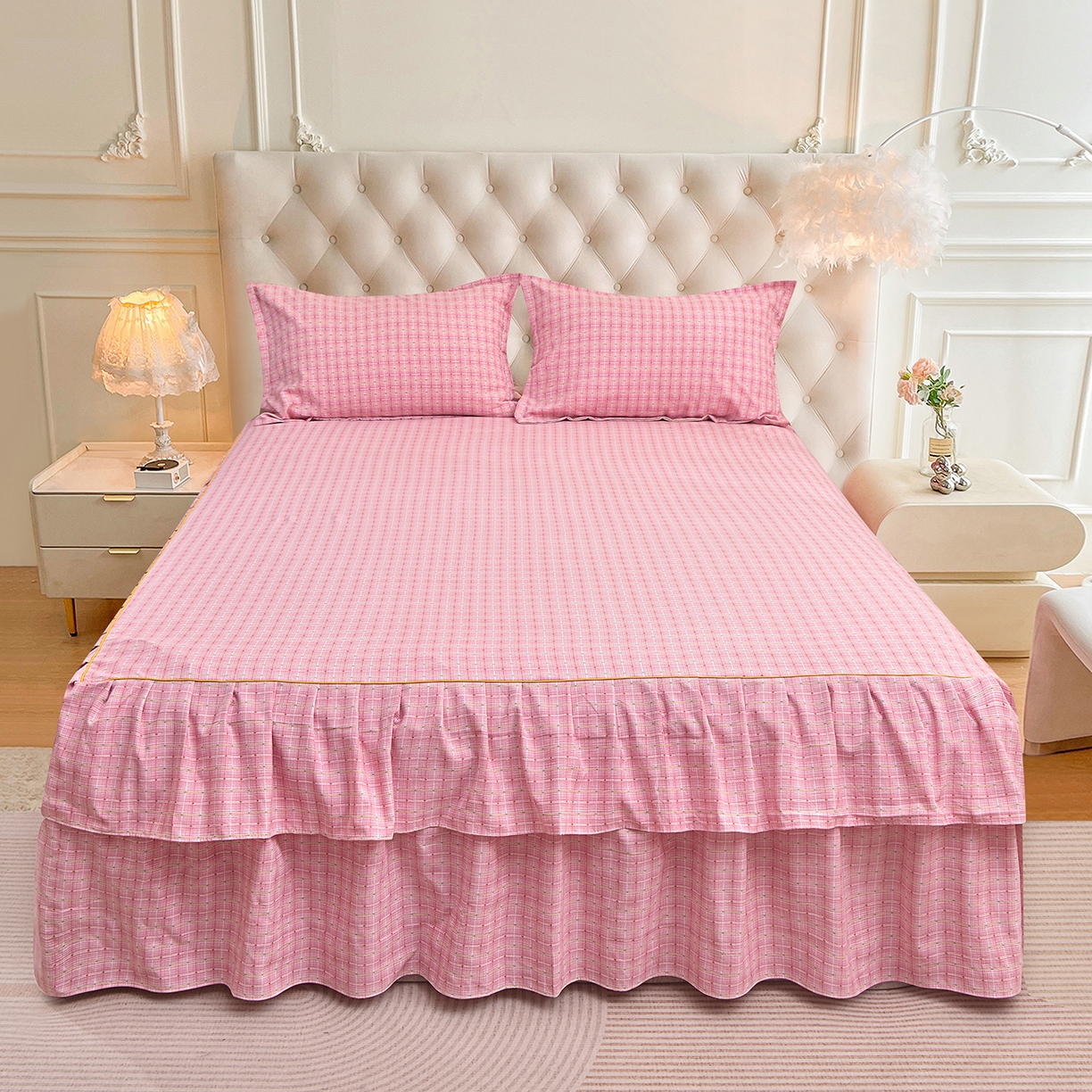 91家纺网 家纺一手货源 找家纺 小雨家纺 2026新款云锦棉韩版印花单床裙系列 阿波罗（樱花粉）