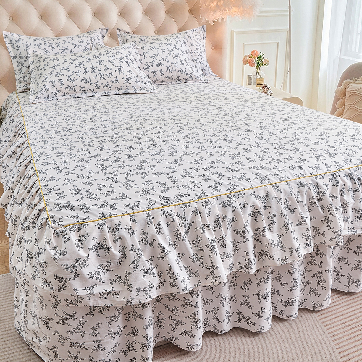 91家纺网 家纺一手货源 找家纺 小雨家纺 2026新款云锦棉韩版印花单床裙系列 成瑾9014（星河灰）