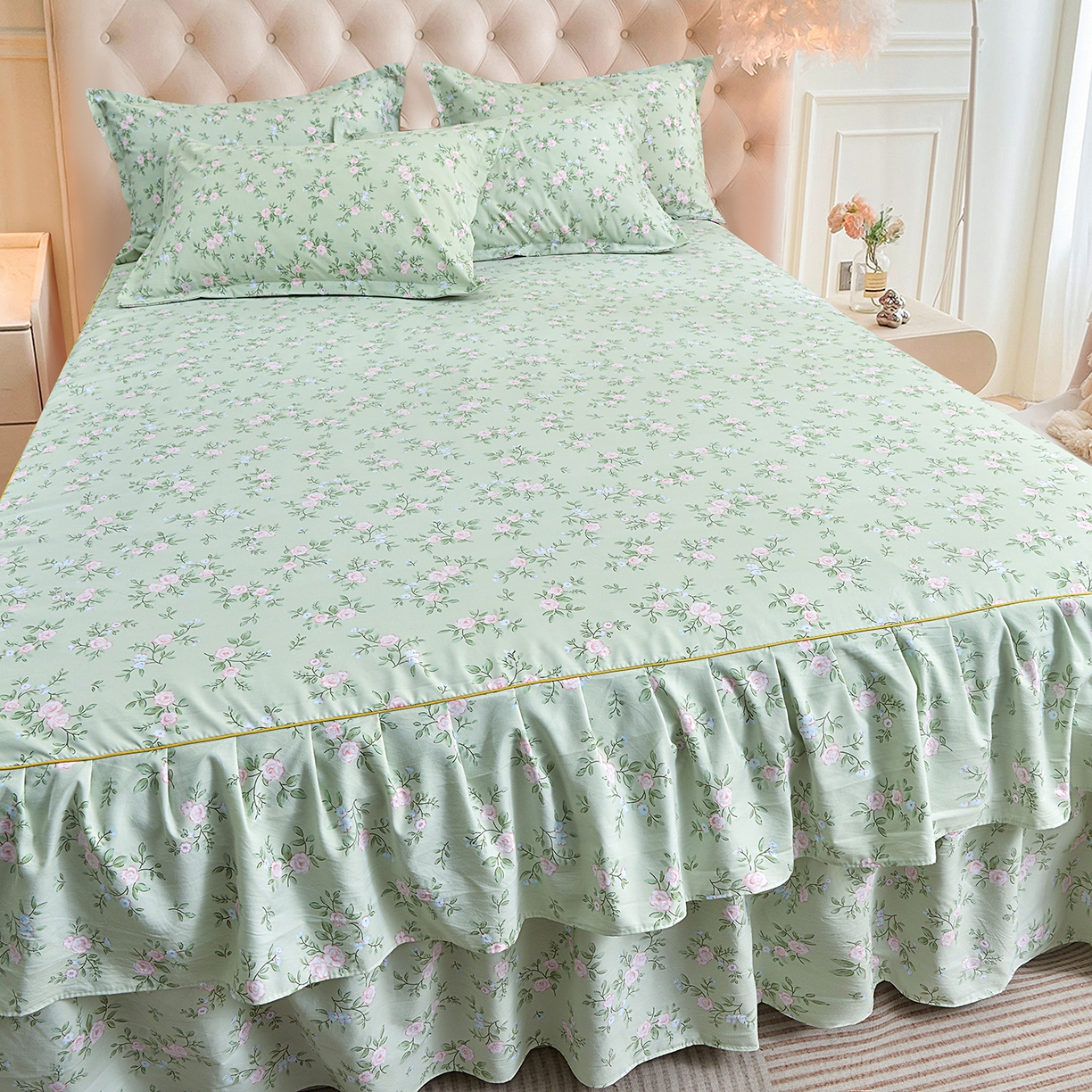 91家纺网 家纺一手货源 找家纺 小雨家纺 2026新款云锦棉韩版印花单床裙系列 绿野仙踪9019山野绿