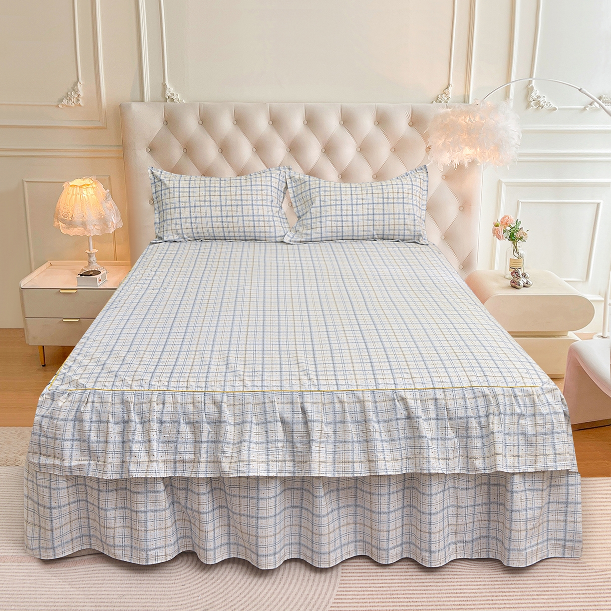 小雨家纺 2026新款云锦棉韩版印花单床裙系列 卡德尔（星河灰）