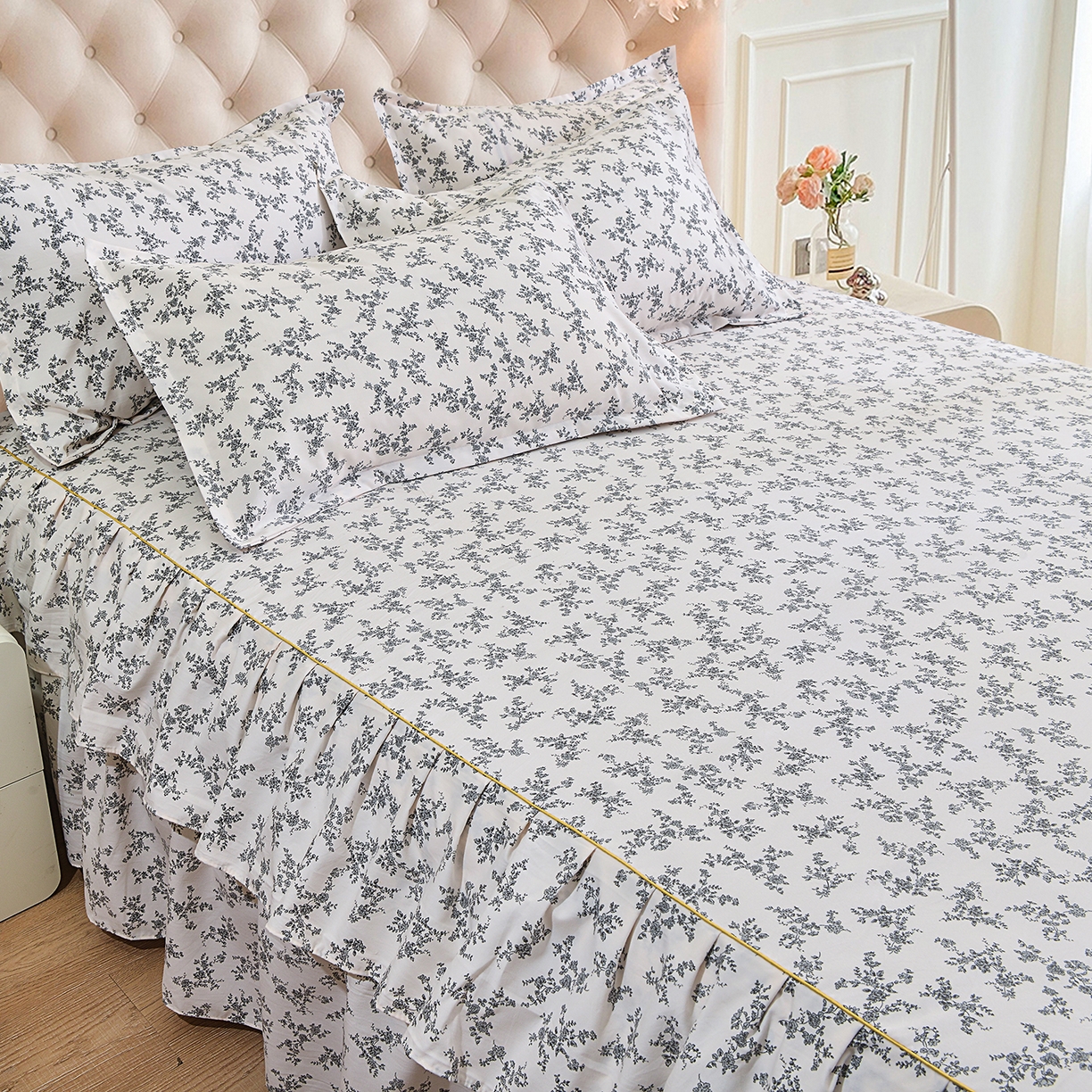 91家纺网 家纺一手货源 找家纺 小雨家纺 2026新款云锦棉韩版印花单床裙系列 成瑾9014（星河灰）