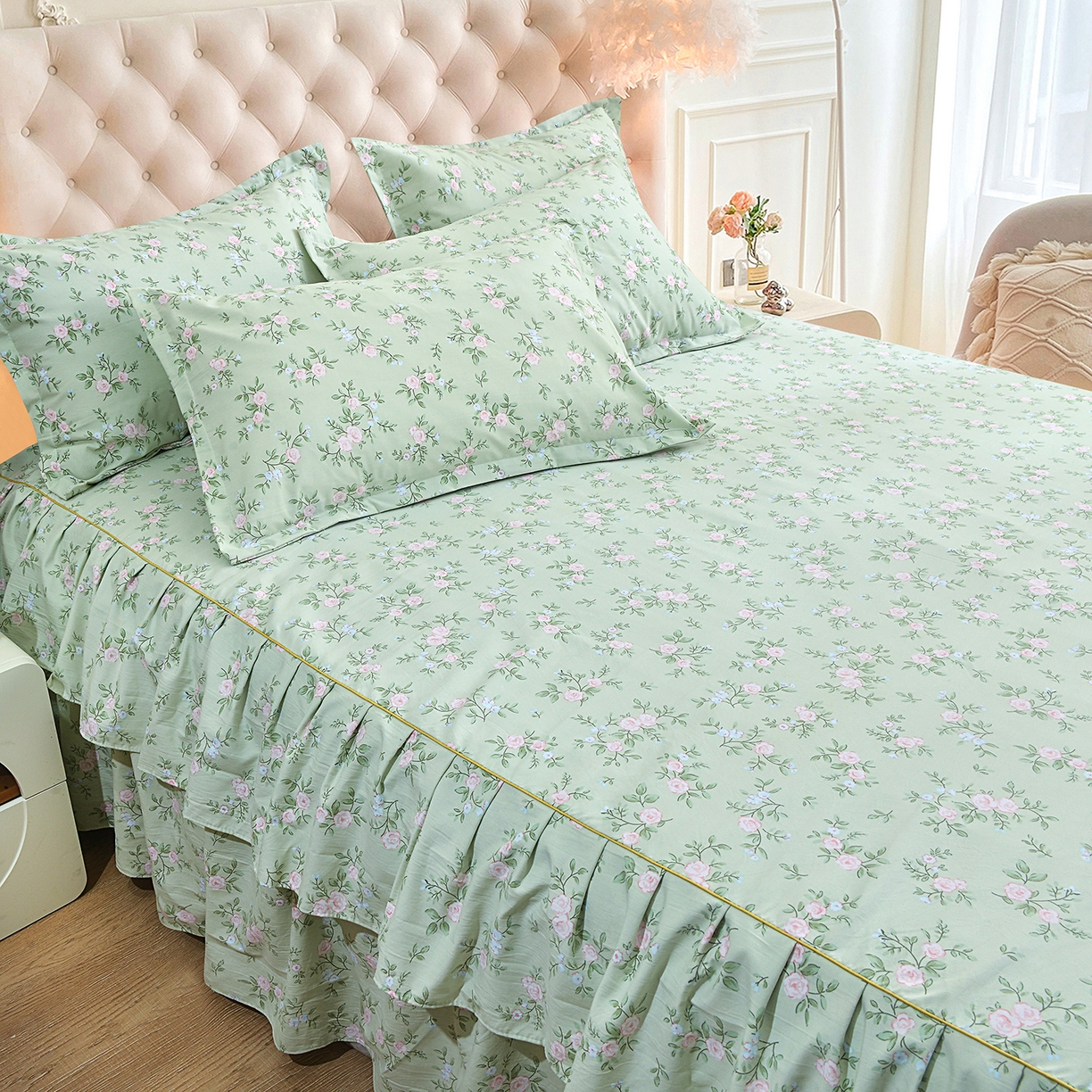 91家纺网 家纺一手货源 找家纺 小雨家纺 2026新款云锦棉韩版印花单床裙系列 绿野仙踪9019山野绿