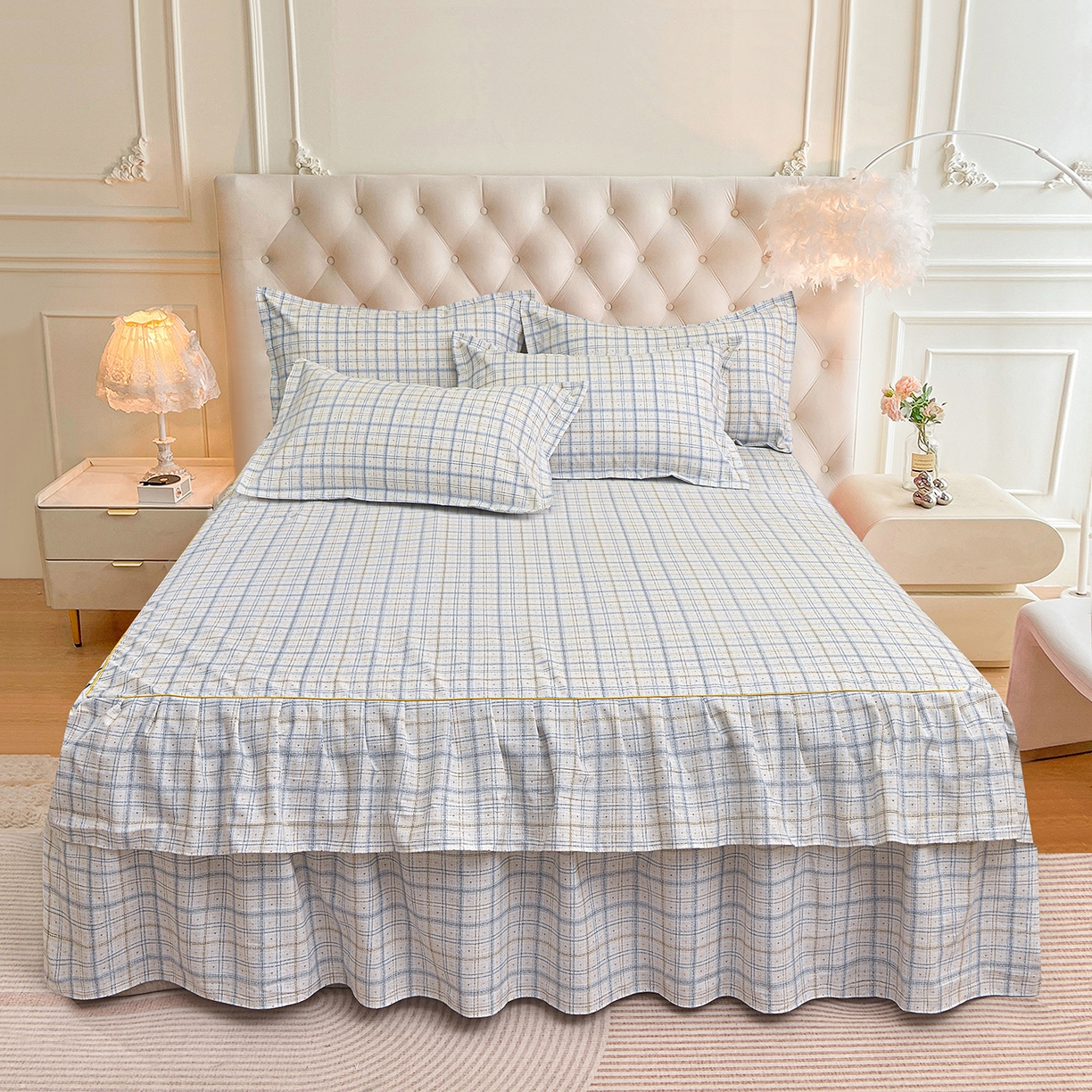 91家纺网 家纺一手货源 找家纺 小雨家纺 2026新款云锦棉韩版印花单床裙系列 卡德尔（星河灰）