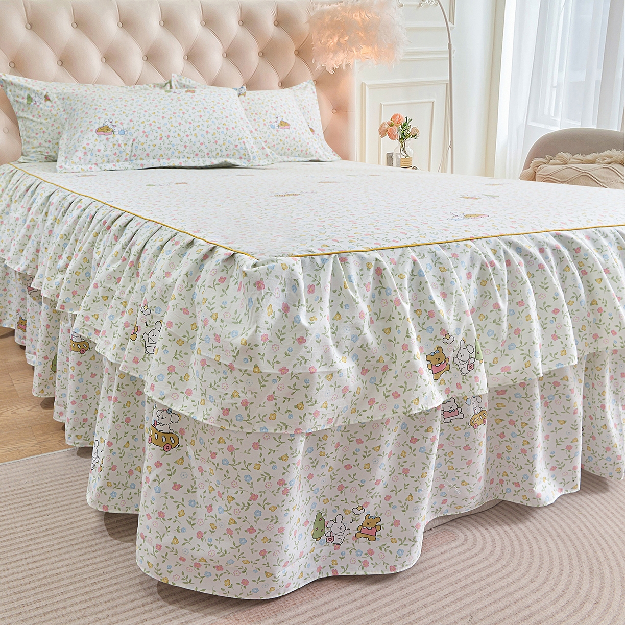 91家纺网 家纺一手货源 找家纺 小雨家纺 2026新款云锦棉韩版印花单床裙系列 爱乐园9003苹果绿