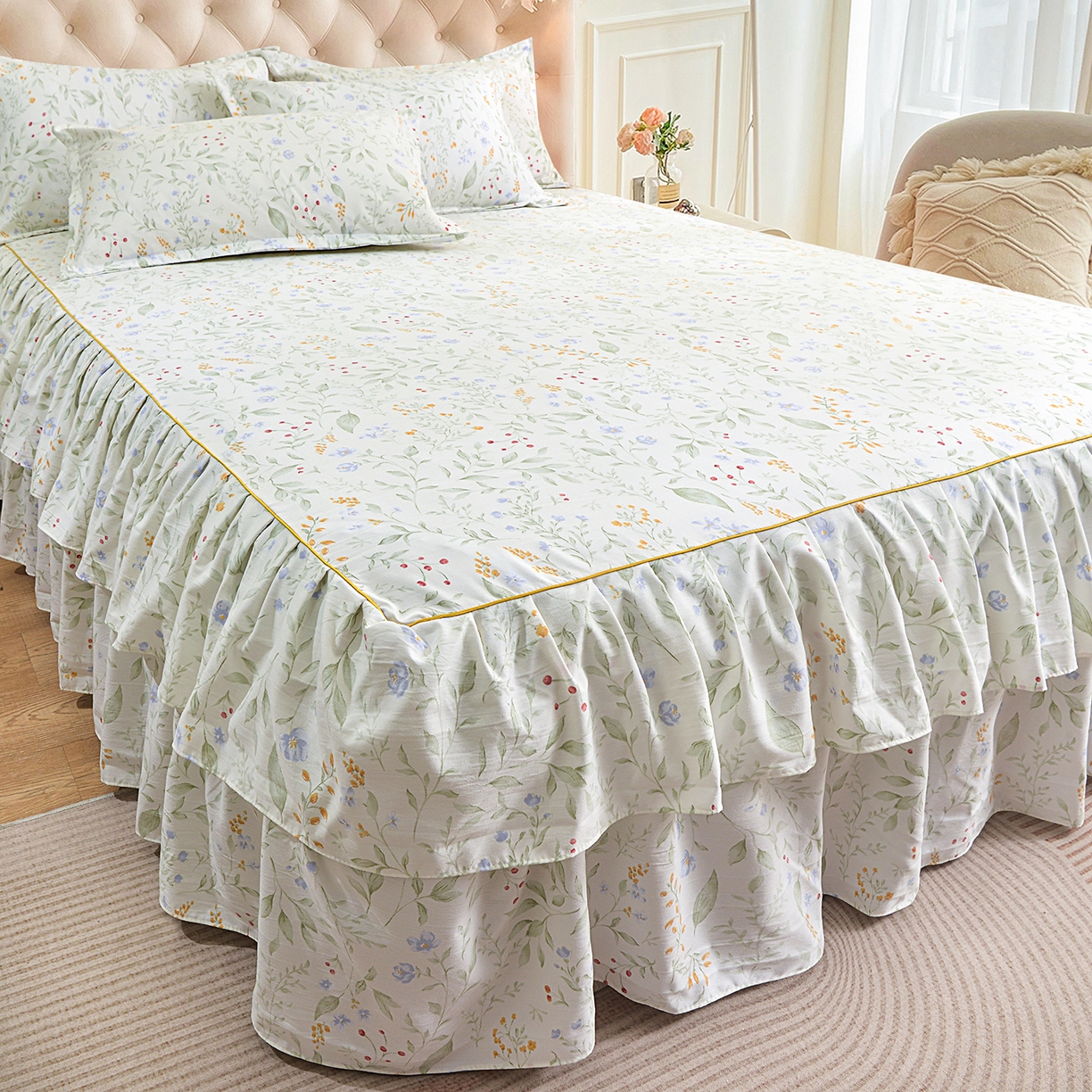 91家纺网 家纺一手货源 找家纺 小雨家纺 2026新款云锦棉韩版印花单床裙系列 云望舒9053（山野绿）