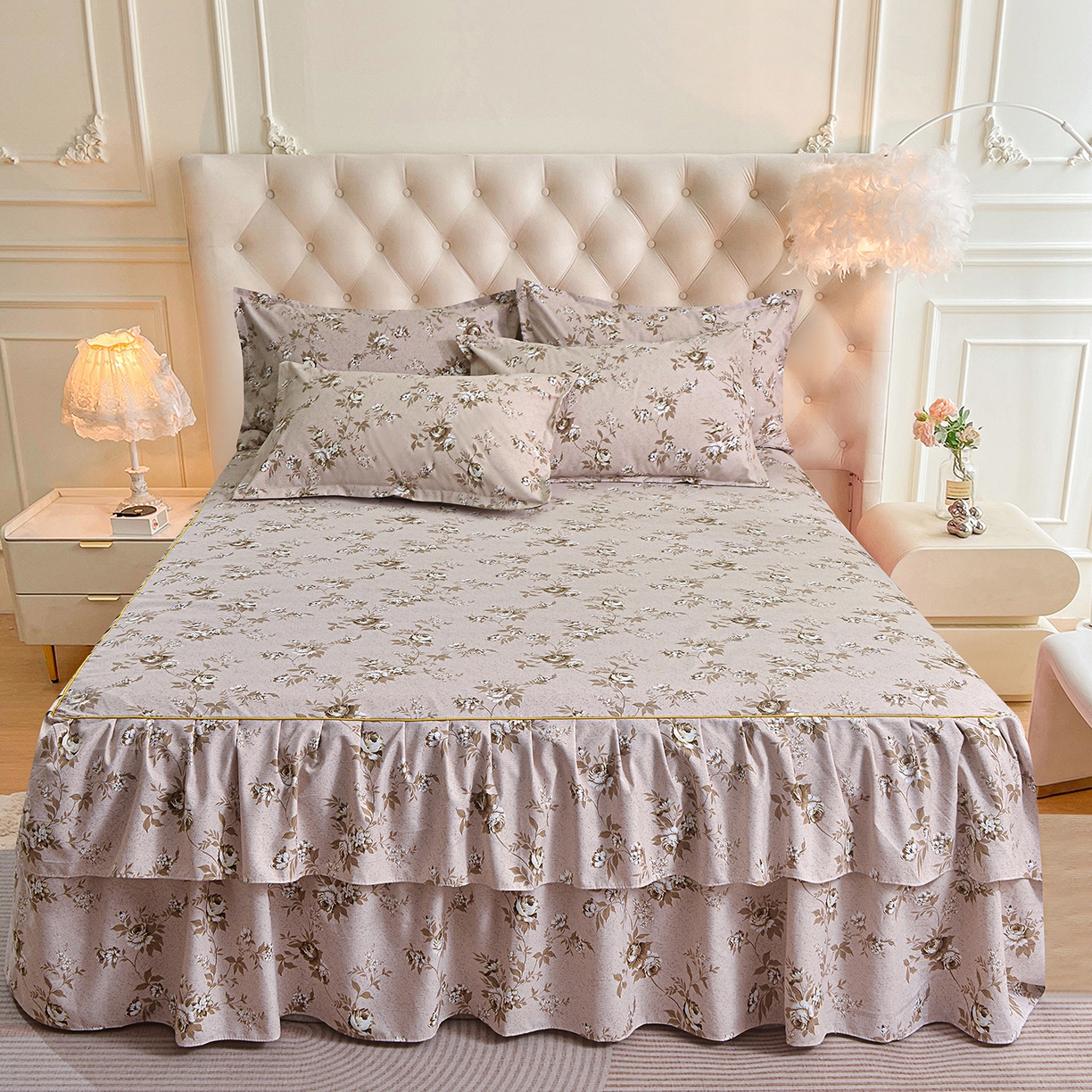 小雨家纺 2026新款云锦棉韩版印花单床裙系列 花屿9055咖拿铁棕