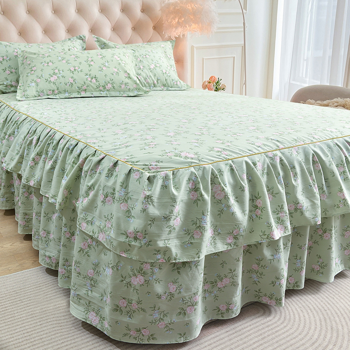 91家纺网 家纺一手货源 找家纺 小雨家纺 2026新款云锦棉韩版印花单床裙系列 绿野仙踪9019山野绿