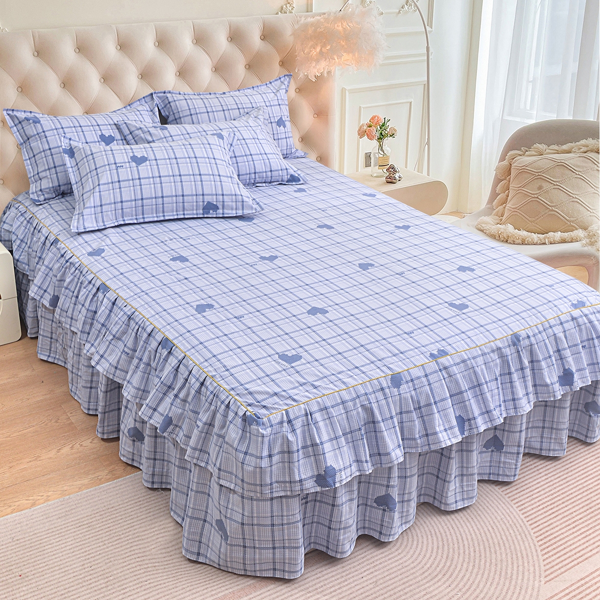 91家纺网 家纺一手货源 找家纺 小雨家纺 2026新款云锦棉韩版印花单床裙系列 怦然心动（冷凝灰）