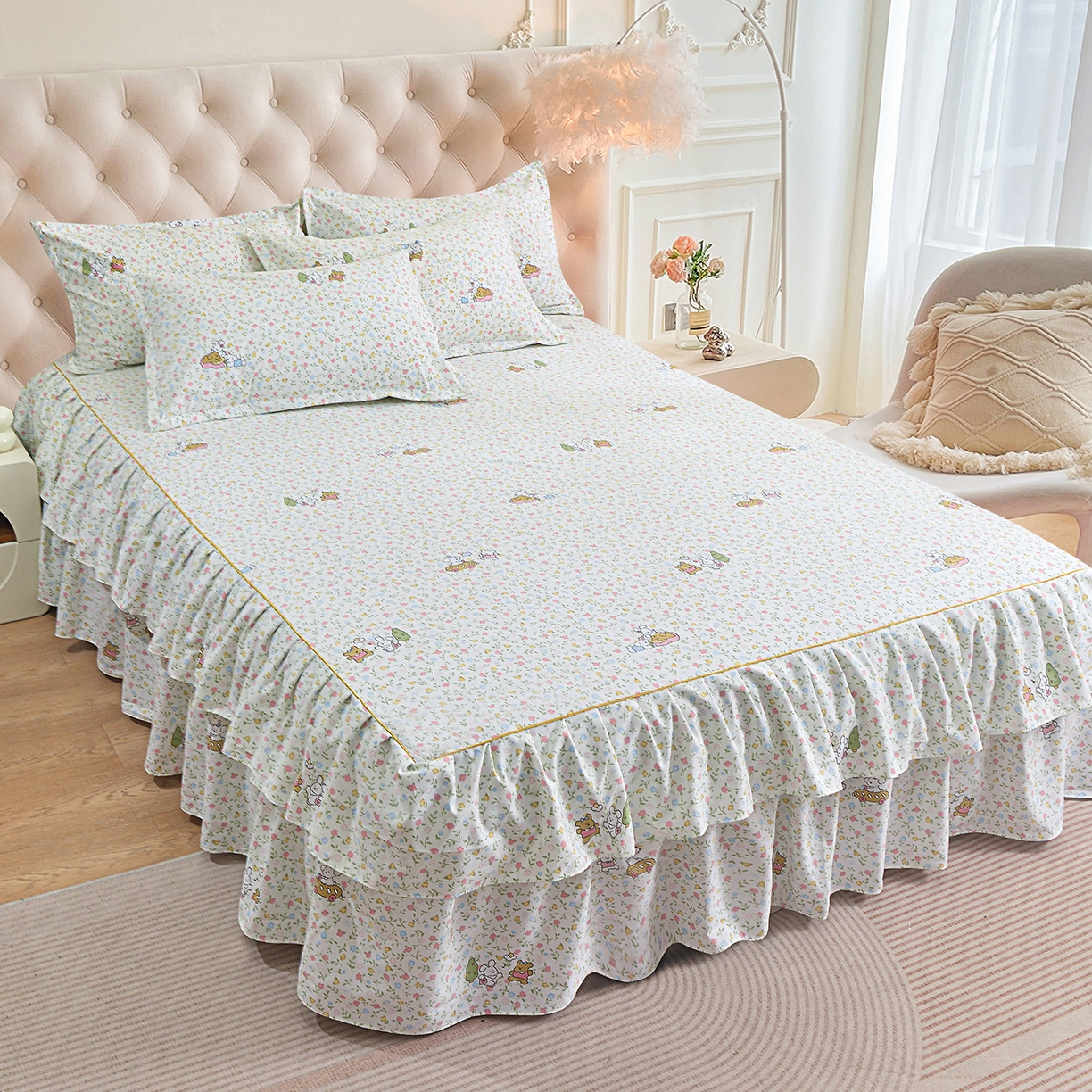 91家纺网 家纺一手货源 找家纺 小雨家纺 2026新款云锦棉韩版印花单床裙系列 爱乐园9003苹果绿