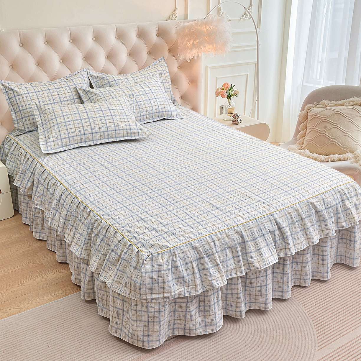 91家纺网 家纺一手货源 找家纺 小雨家纺 2026新款云锦棉韩版印花单床裙系列 卡德尔（星河灰）