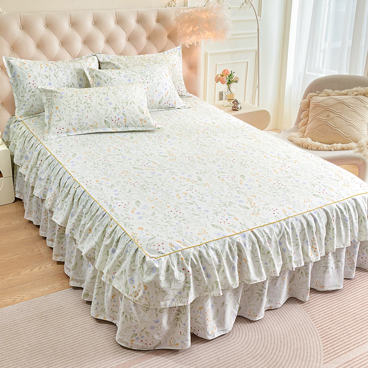 91家纺网 家纺一手货源 找家纺 小雨家纺 2026新款云锦棉韩版印花单床裙系列 云望舒9053（山野绿）