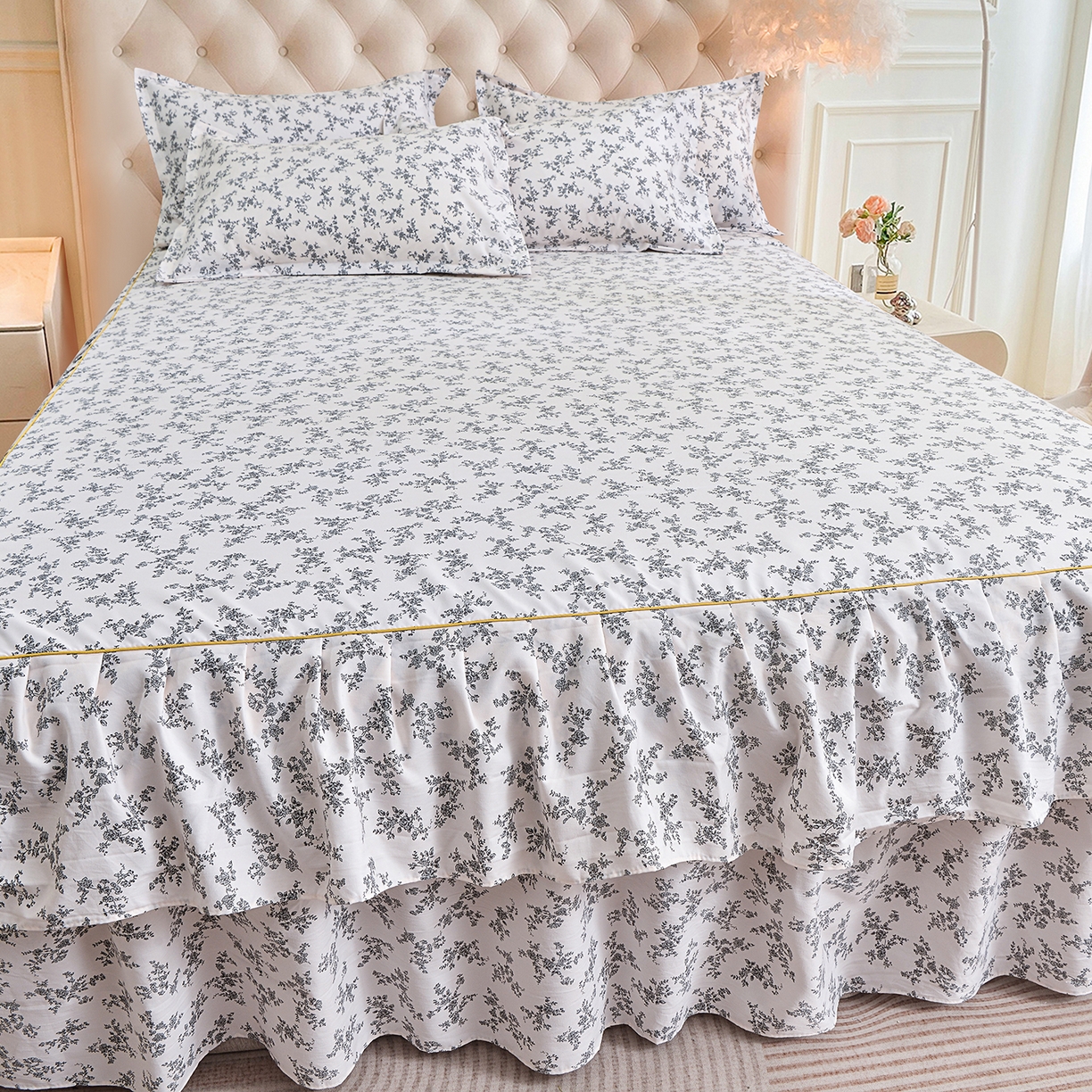 91家纺网 家纺一手货源 找家纺 小雨家纺 2026新款云锦棉韩版印花单床裙系列 成瑾9014（星河灰）