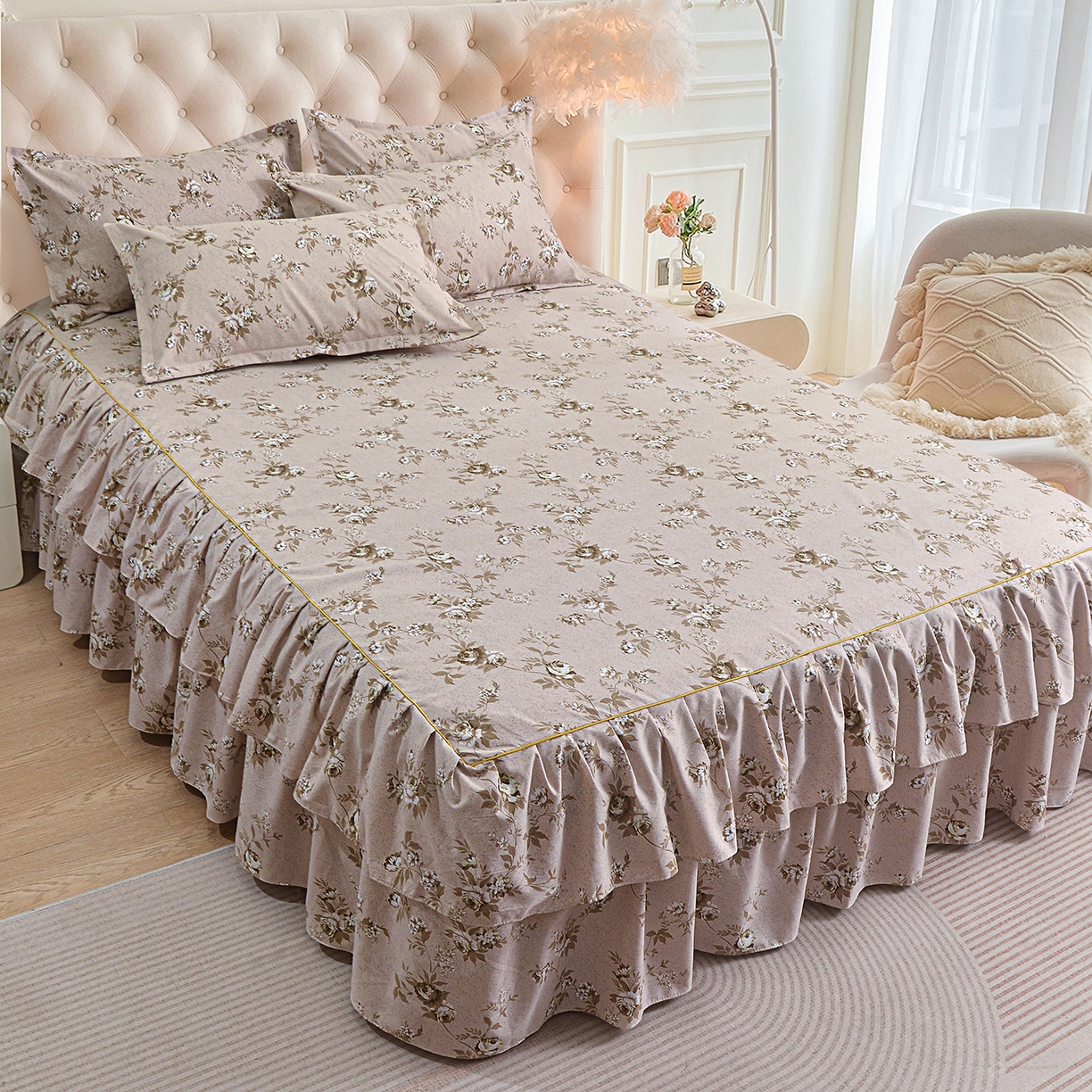 91家纺网 家纺一手货源 找家纺 小雨家纺 2026新款云锦棉韩版印花单床裙系列 花屿9055咖拿铁棕