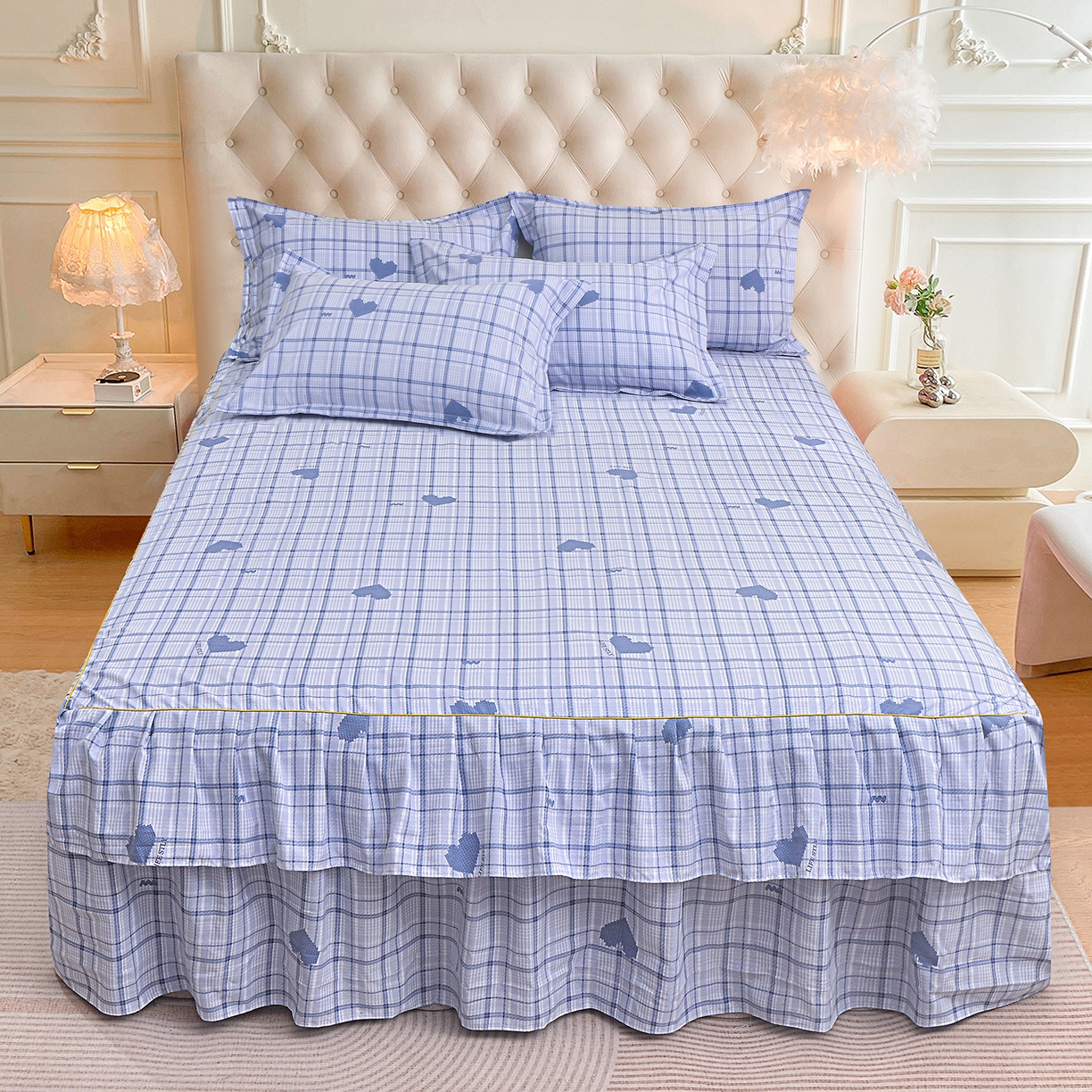 小雨家纺 2026新款云锦棉韩版印花单床裙系列 怦然心动（冷凝灰）