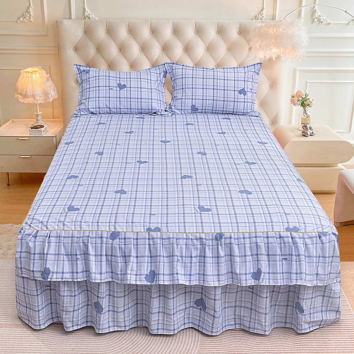 91家纺网 家纺一手货源 找家纺 小雨家纺 2026新款云锦棉韩版印花单床裙系列 怦然心动（冷凝灰）