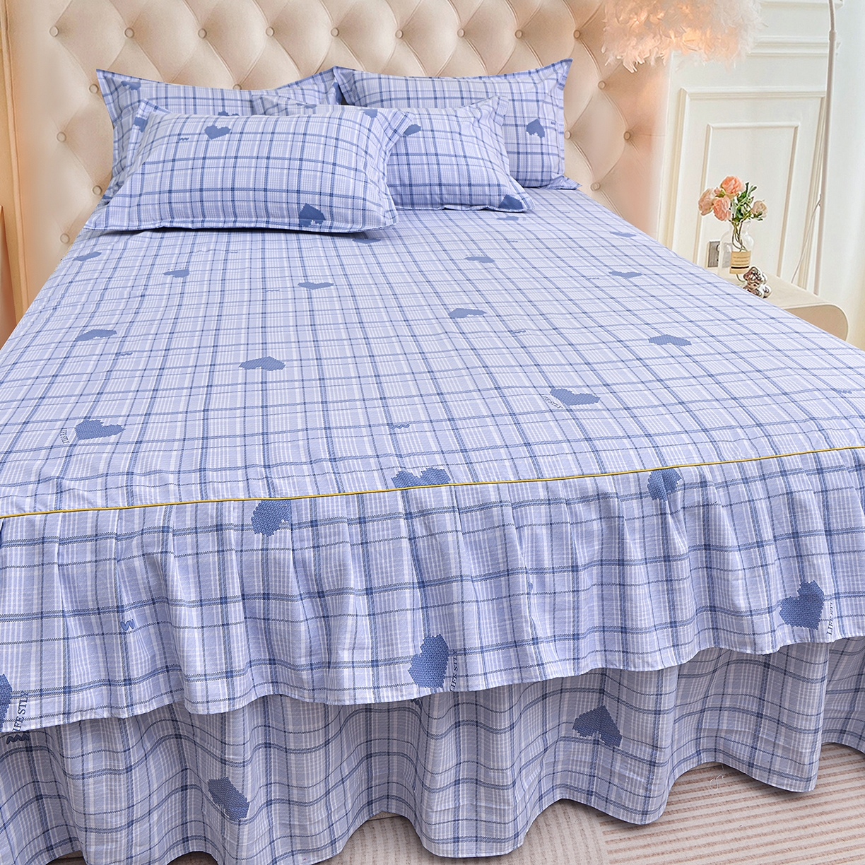 91家纺网 家纺一手货源 找家纺 小雨家纺 2026新款云锦棉韩版印花单床裙系列 怦然心动（冷凝灰）