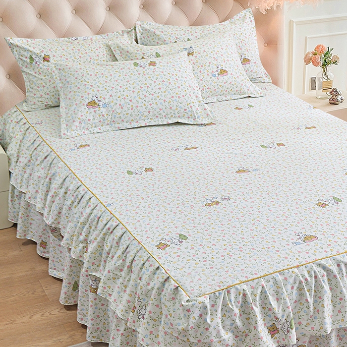 91家纺网 家纺一手货源 找家纺 小雨家纺 2026新款云锦棉韩版印花单床裙系列 爱乐园9003苹果绿