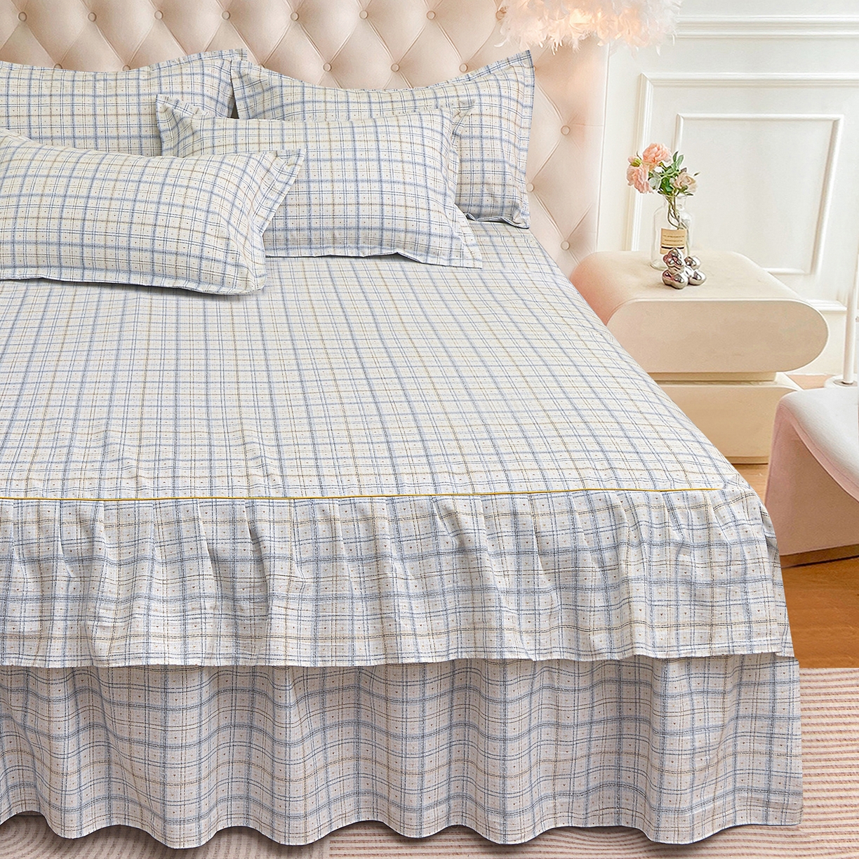 91家纺网 家纺一手货源 找家纺 小雨家纺 2026新款云锦棉韩版印花单床裙系列 卡德尔（星河灰）