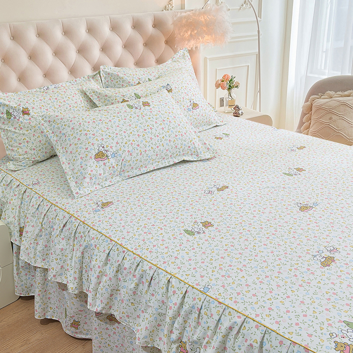 91家纺网 家纺一手货源 找家纺 小雨家纺 2026新款云锦棉韩版印花单床裙系列 爱乐园9003苹果绿