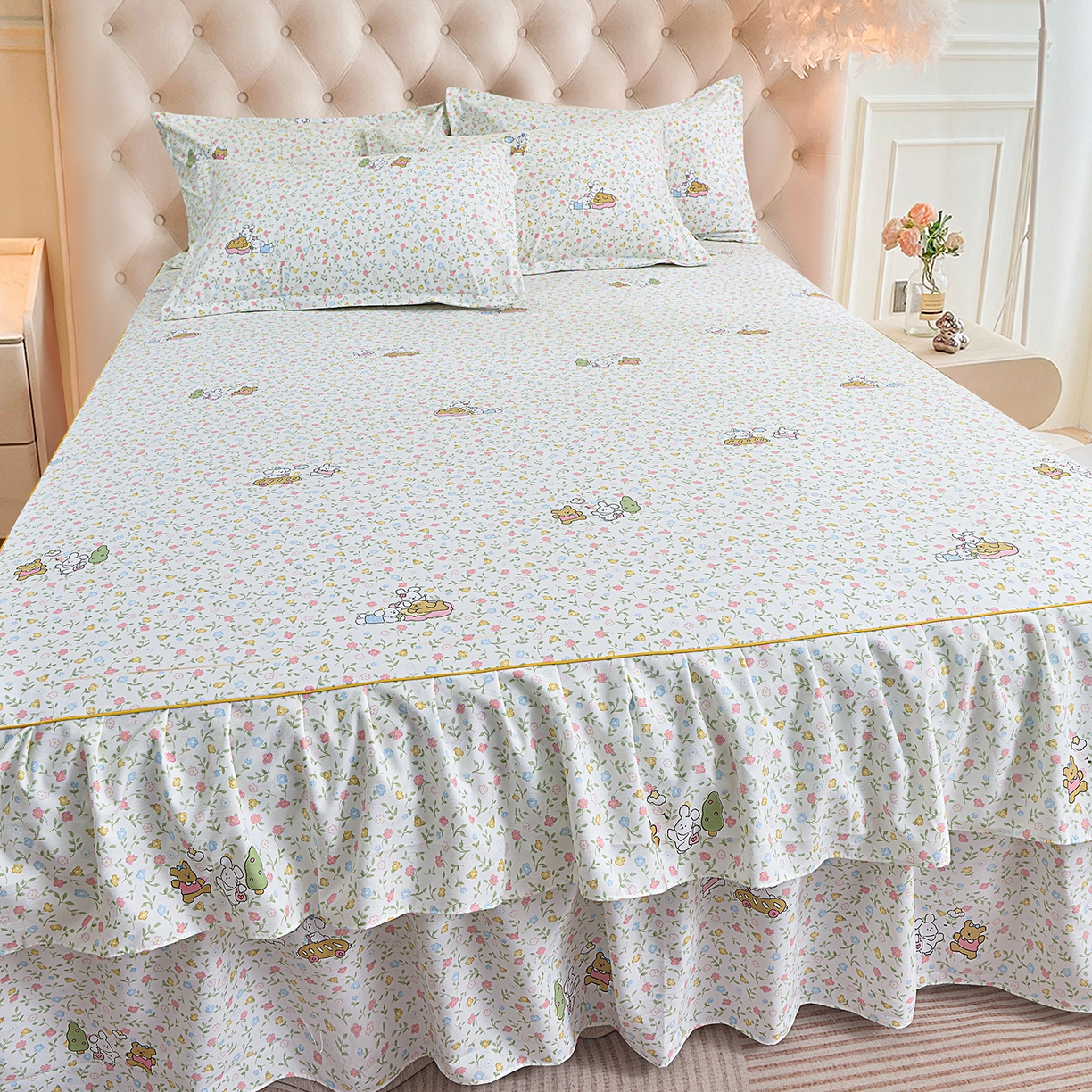 91家纺网 家纺一手货源 找家纺 小雨家纺 2026新款云锦棉韩版印花单床裙系列 爱乐园9003苹果绿