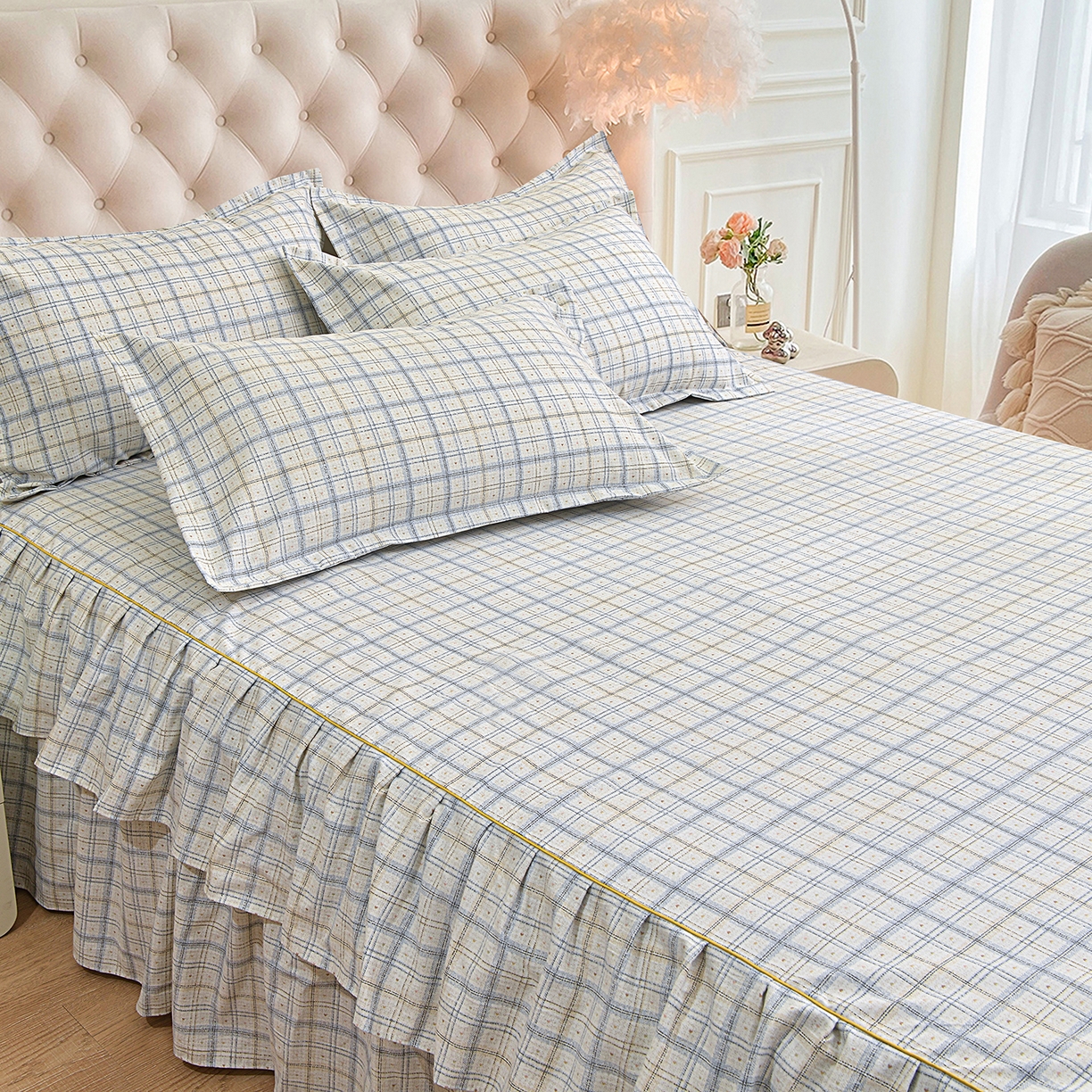 91家纺网 家纺一手货源 找家纺 小雨家纺 2026新款云锦棉韩版印花单床裙系列 卡德尔（星河灰）