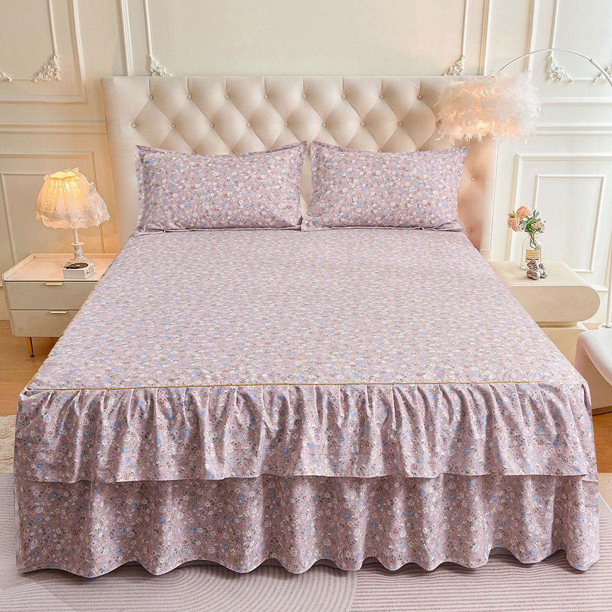 91家纺网 家纺一手货源 找家纺 小雨家纺 2026新款云锦棉韩版印花单床裙系列 花艺（贝卡黄