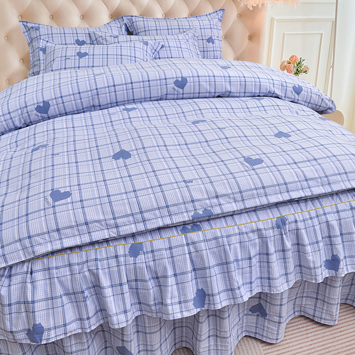 91家纺网 家纺一手货源 找家纺 小雨家纺 2026新款云锦棉韩版印花单床裙系列 怦然心动（冷凝灰）