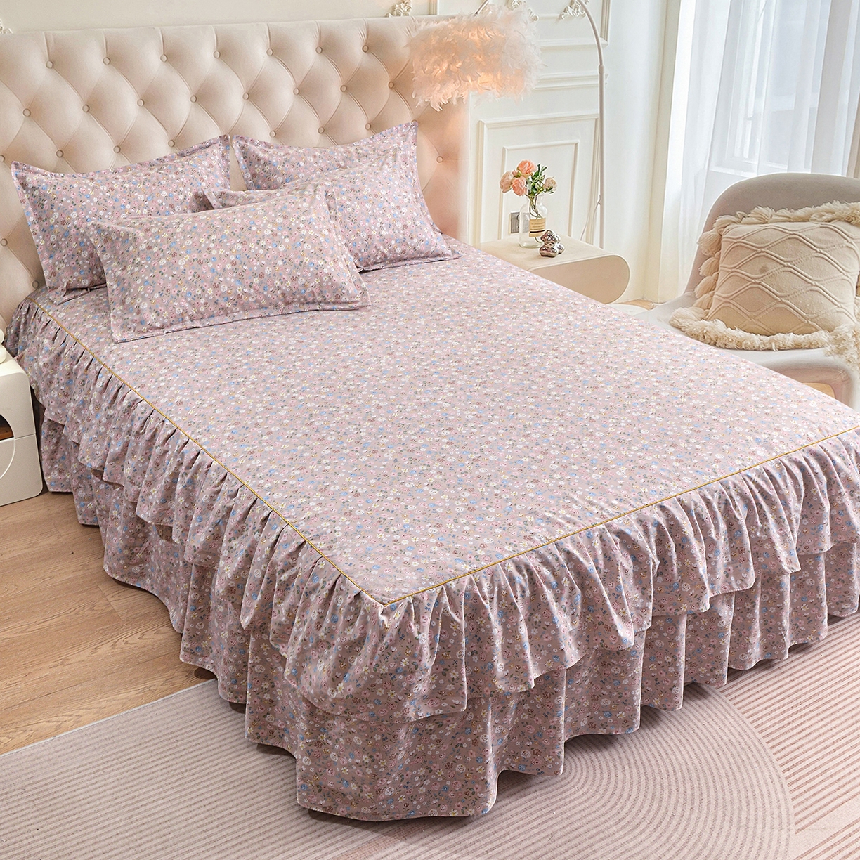 91家纺网 家纺一手货源 找家纺 小雨家纺 2026新款云锦棉韩版印花单床裙系列 花艺（贝卡黄