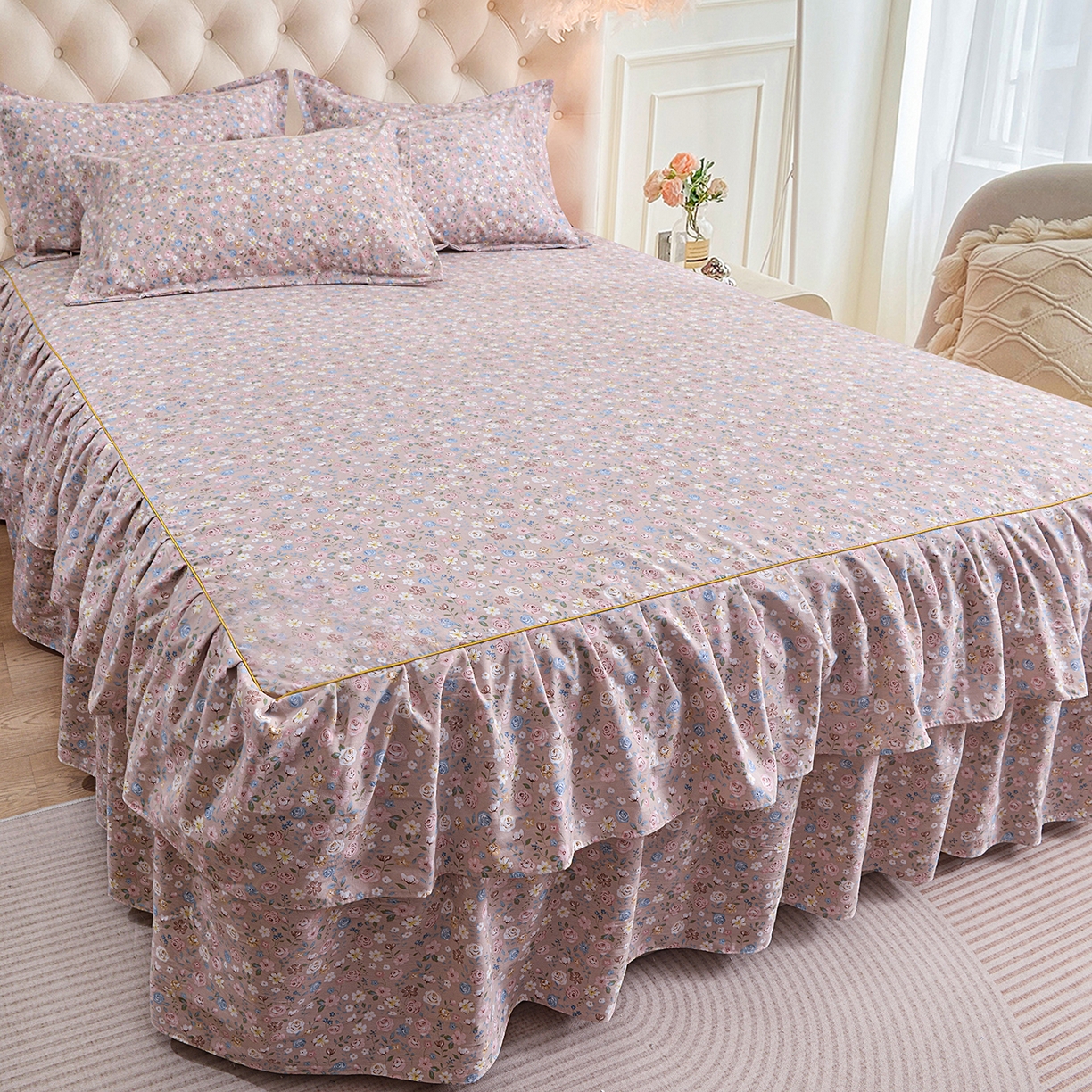 91家纺网 家纺一手货源 找家纺 小雨家纺 2026新款云锦棉韩版印花单床裙系列 花艺（贝卡黄