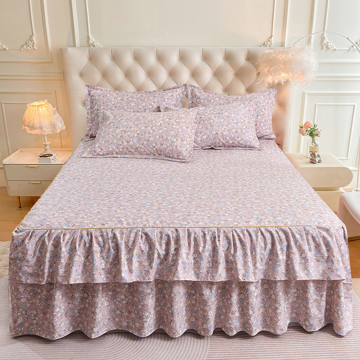 小雨家纺 2026新款云锦棉韩版印花单床裙系列 花艺（贝卡黄