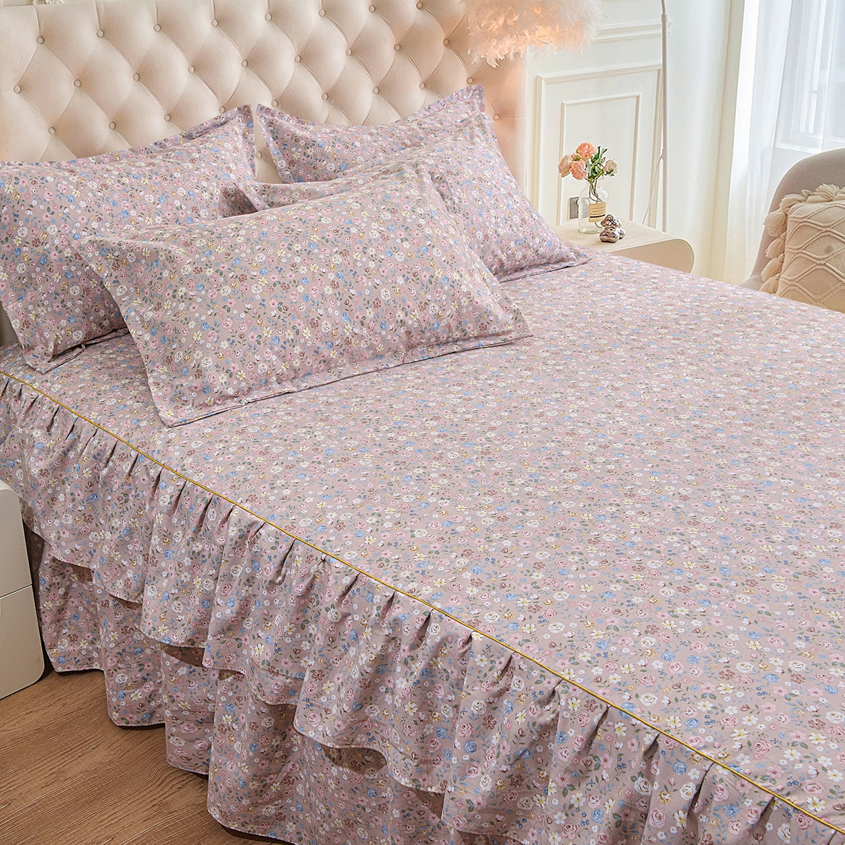 91家纺网 家纺一手货源 找家纺 小雨家纺 2026新款云锦棉韩版印花单床裙系列 花艺（贝卡黄