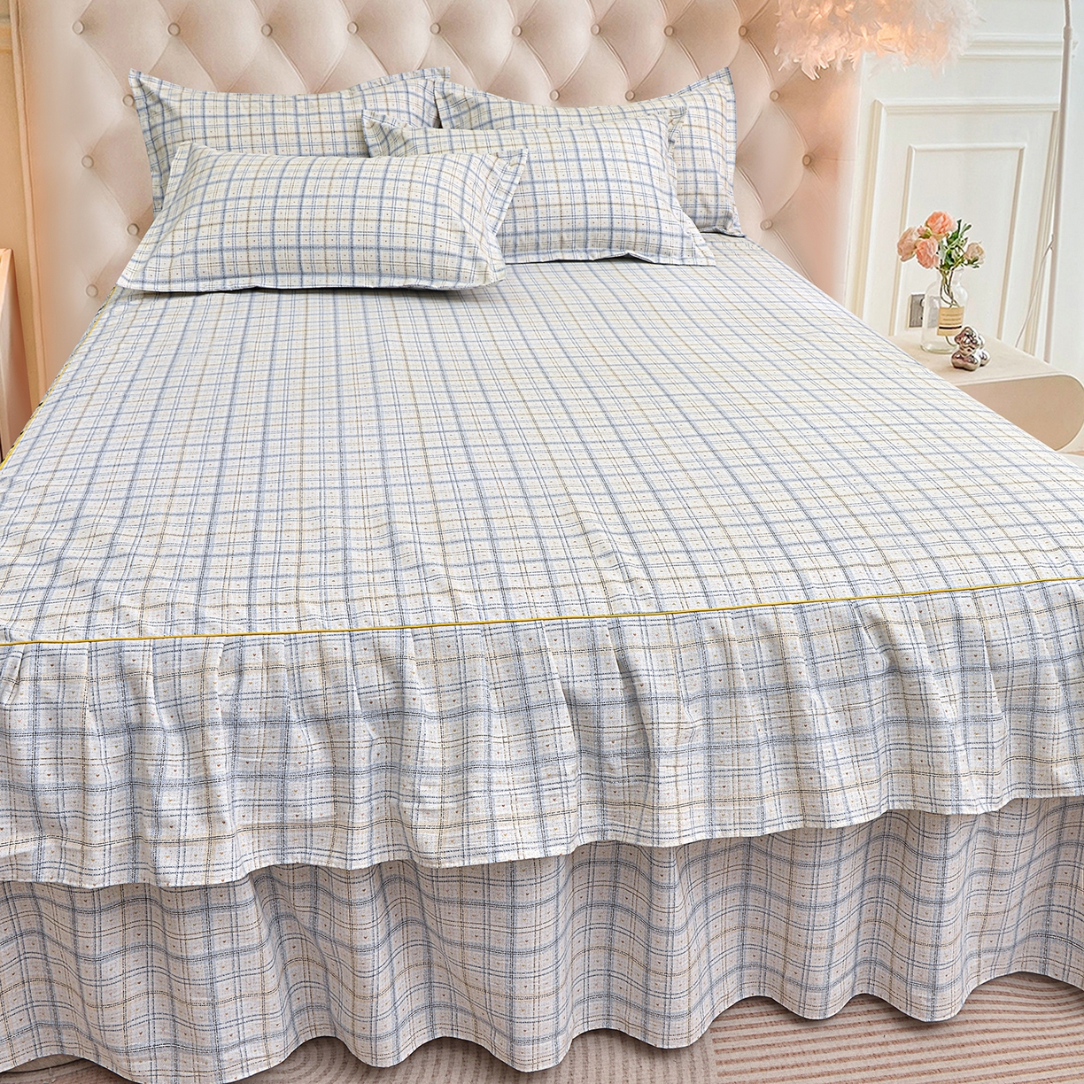 91家纺网 家纺一手货源 找家纺 小雨家纺 2026新款云锦棉韩版印花单床裙系列 卡德尔（星河灰）