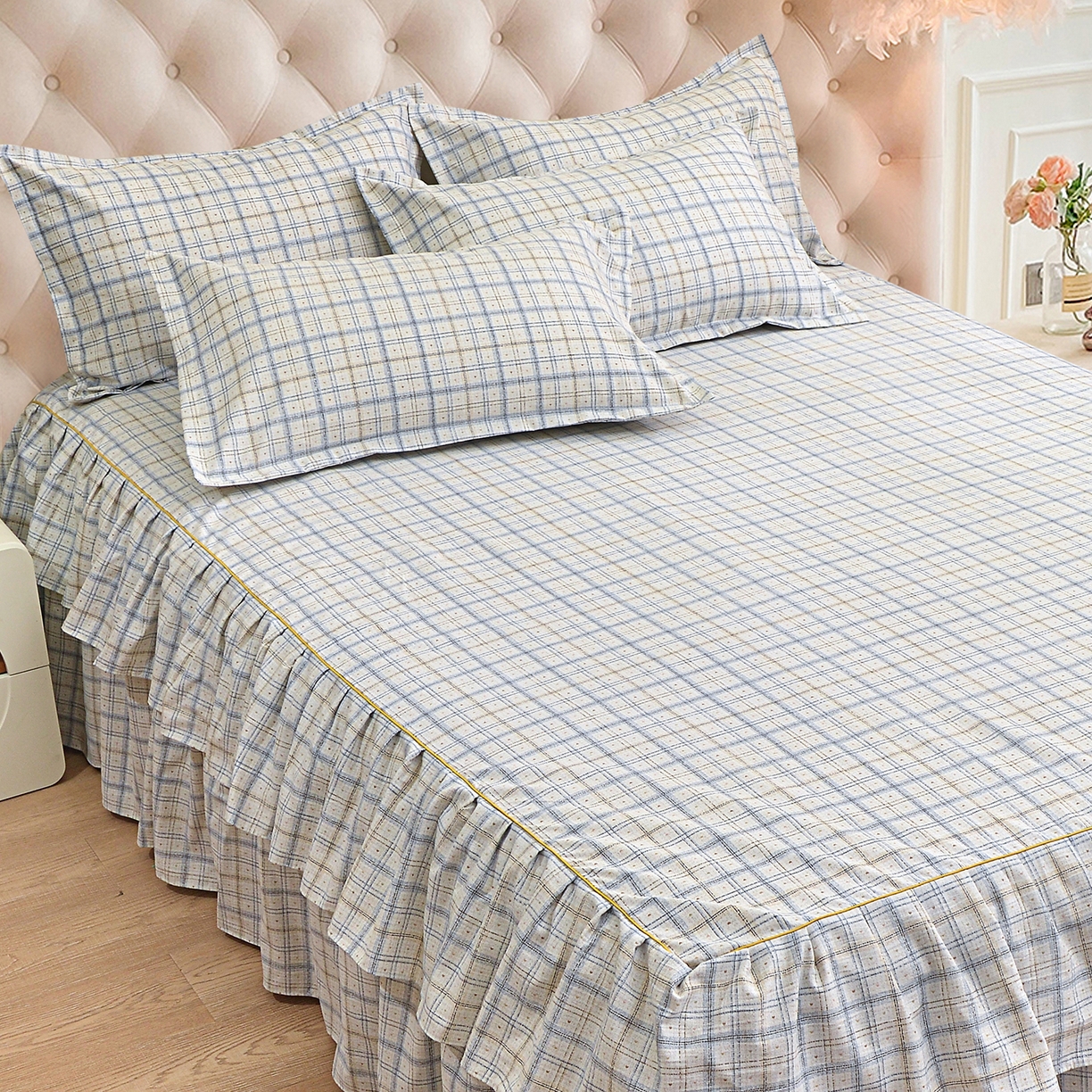 91家纺网 家纺一手货源 找家纺 小雨家纺 2026新款云锦棉韩版印花单床裙系列 卡德尔（星河灰）