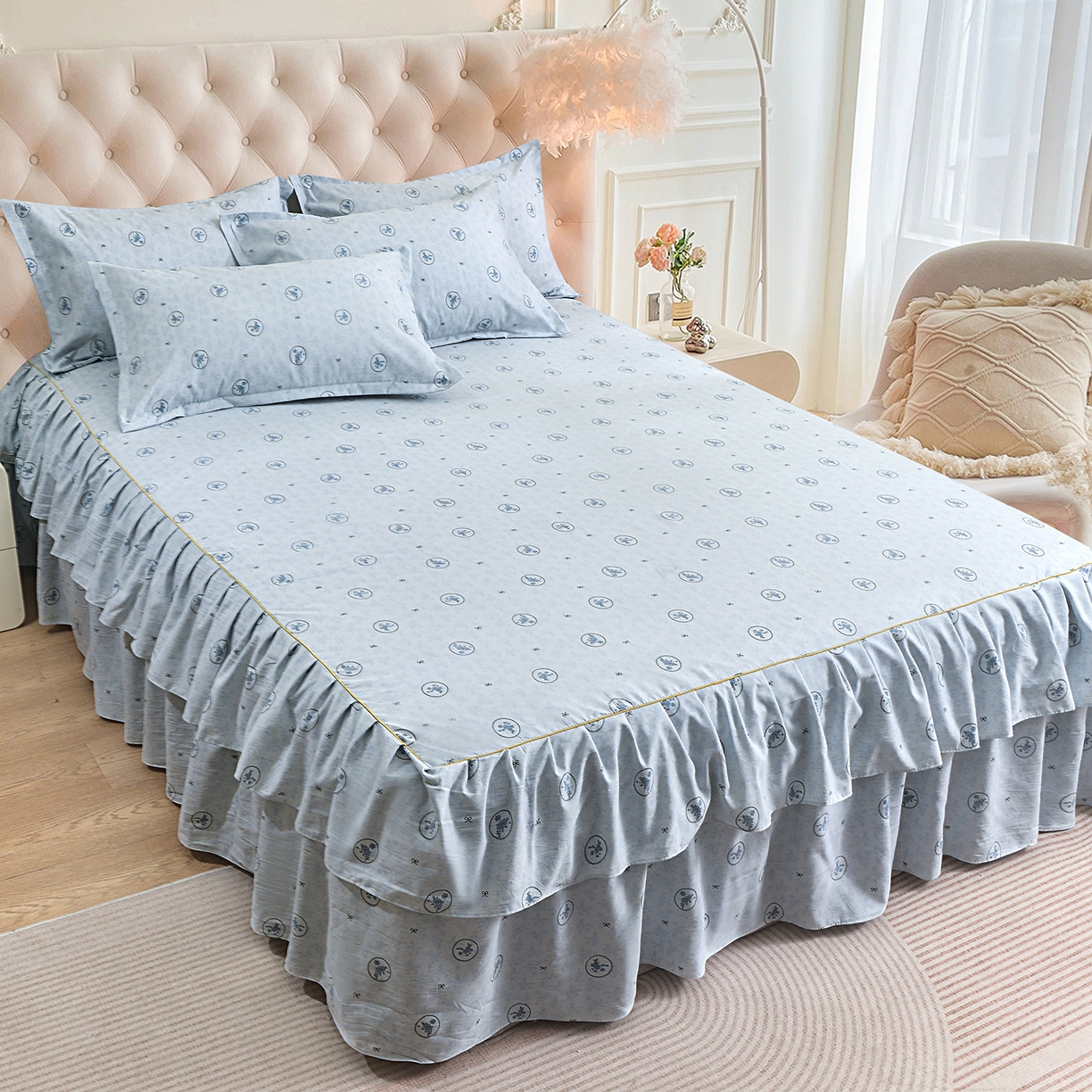 91家纺网 家纺一手货源 找家纺 小雨家纺 2026新款云锦棉韩版印花单床裙系列 花香漫漫