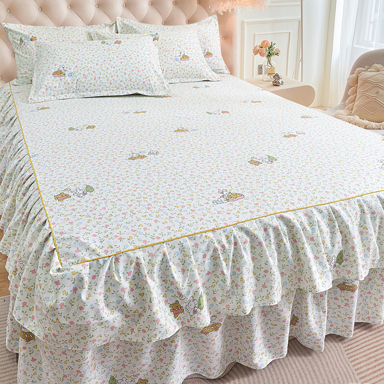 91家纺网 家纺一手货源 找家纺 小雨家纺 2026新款云锦棉韩版印花单床裙系列 爱乐园9003苹果绿