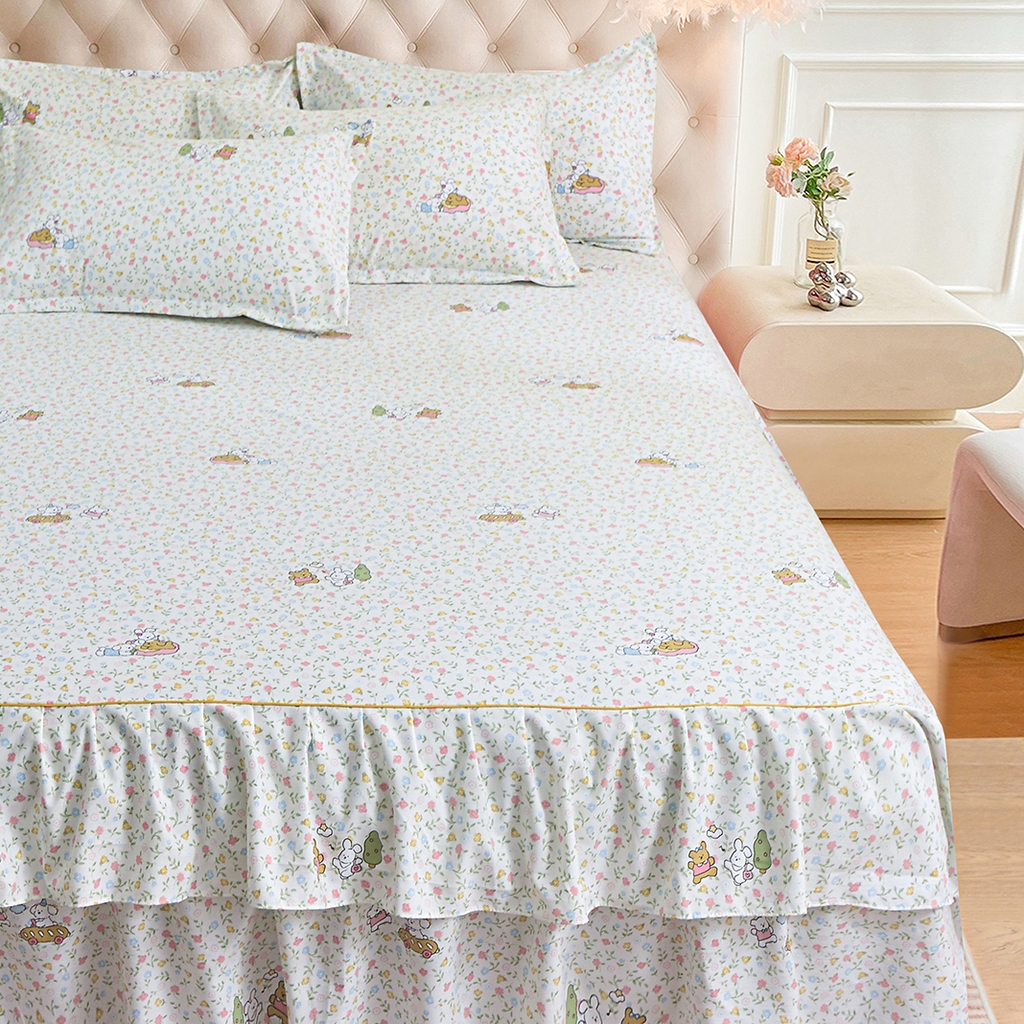 91家纺网 家纺一手货源 找家纺 小雨家纺 2026新款云锦棉韩版印花单床裙系列 爱乐园9003苹果绿