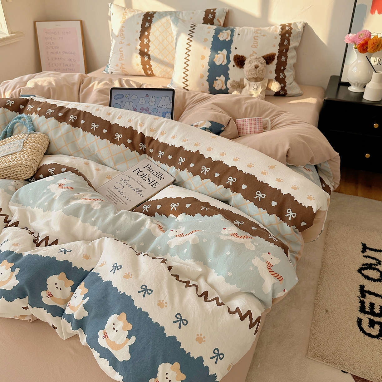 91家纺网 家纺一手货源 找家纺 （总）沐芷 2026 【提供买家秀】水洗棉四件套A类简约小清新床上用品床笠款被套床单三件套被罩卡通可爱