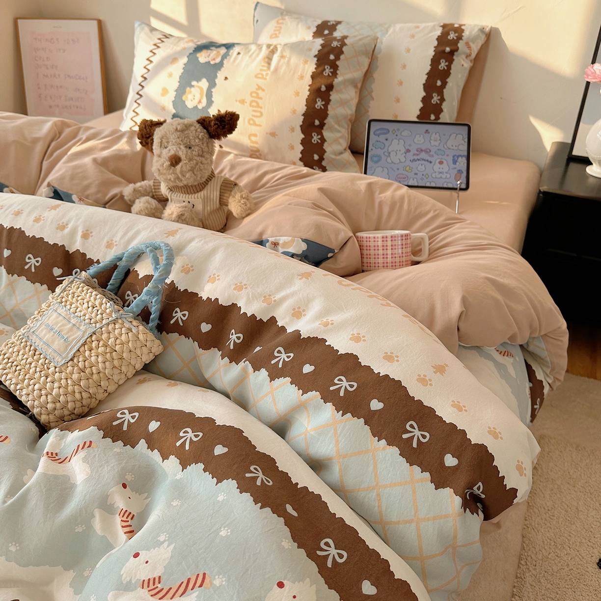 91家纺网 家纺一手货源 找家纺 （总）沐芷 2026 【提供买家秀】水洗棉四件套A类简约小清新床上用品床笠款被套床单三件套被罩卡通可爱