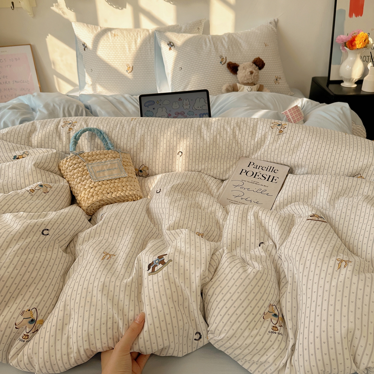 91家纺网 家纺一手货源 找家纺 （总）沐芷 2026 【提供买家秀】水洗棉四件套A类简约小清新床上用品床笠款被套床单三件套被罩卡通可爱