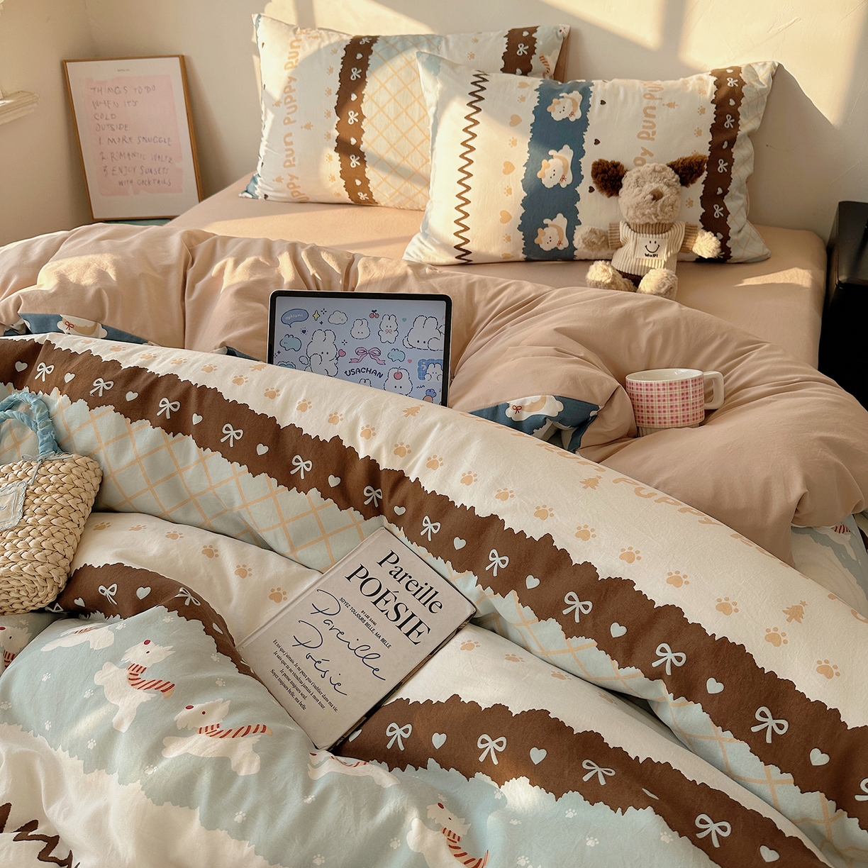 91家纺网 家纺一手货源 找家纺 沐芷 2026 【提供买家秀】水洗棉四件套A类简约小清新床上用品床笠款被套床单三件套被罩卡通可爱 奔向幸福